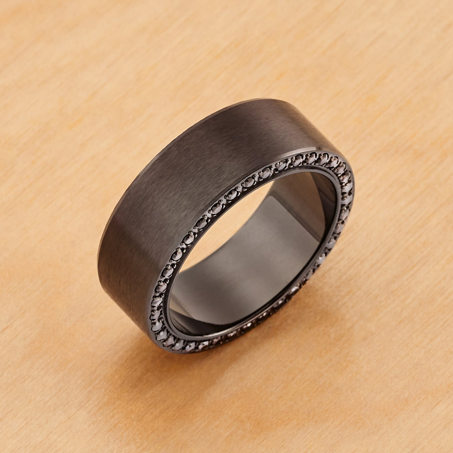 TI040 - Black IP Titanium 8mm Wedding Band Full Sided Black CZ Matte Brushed