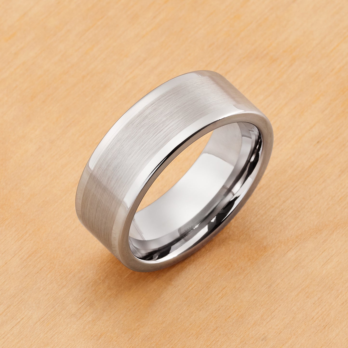 TR021 - Rhodium Plated IP Tungsten 8mm, Brushed with Polished Shiny Raised Edge