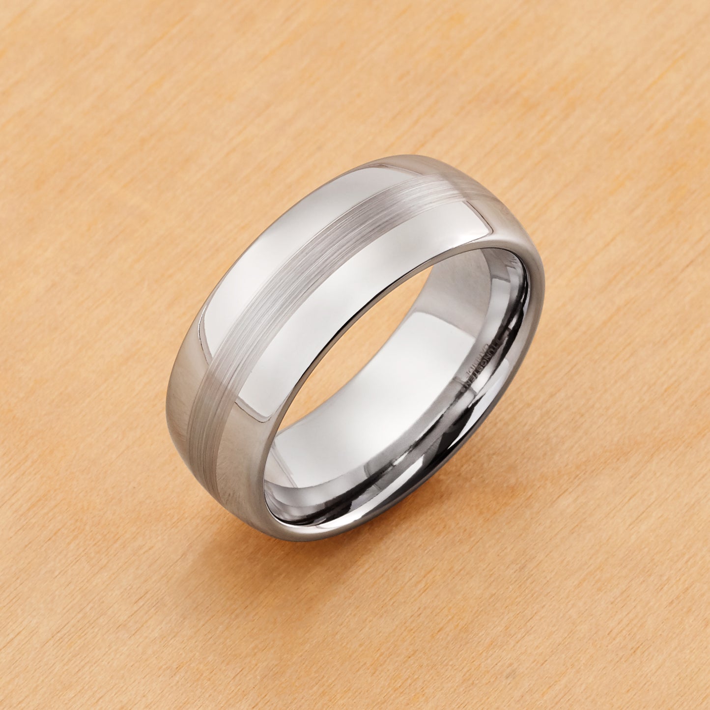 TR022 - Rhodium Plated IP Tungsten 8mm, Polished Shiny with Brushed Center