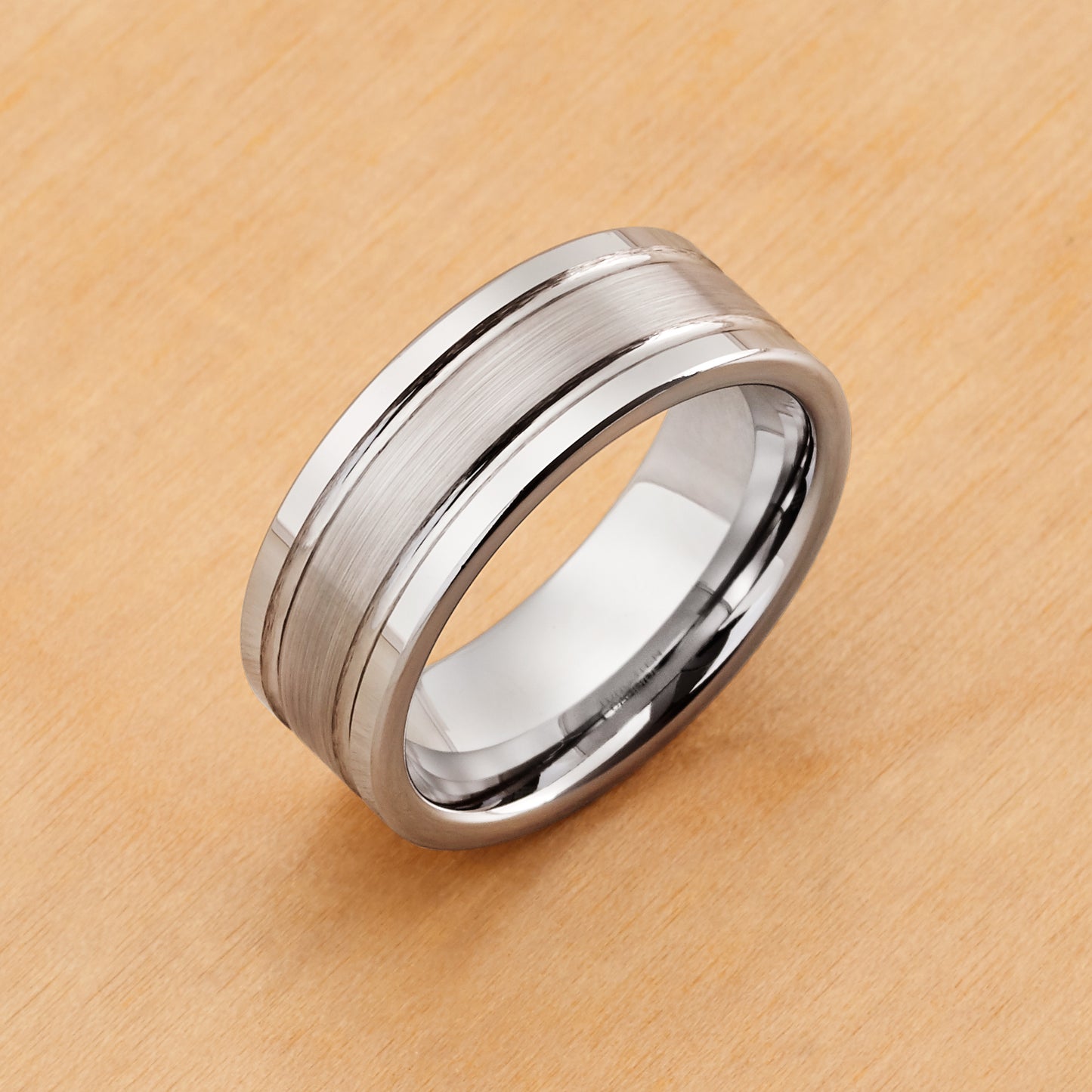 TR028 - Rhodium Plated IP Tungsten 8mm, Polished Shiny Double Grooved Brushed Center