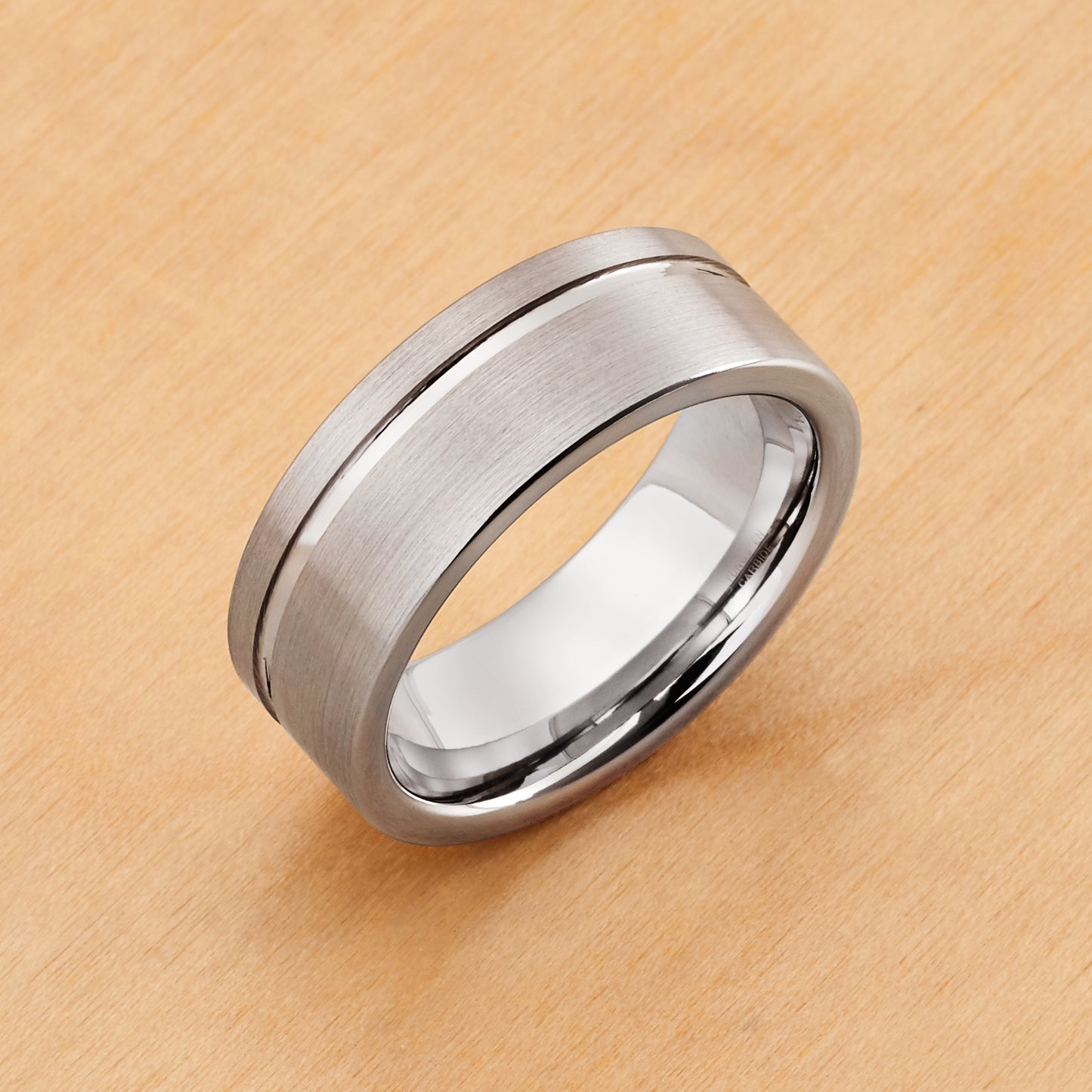 TR030 - Rhodium Plated IP Tungsten 8mm, Pipe-cut Brushed Finish with Polished Shiny-Off Center Groove