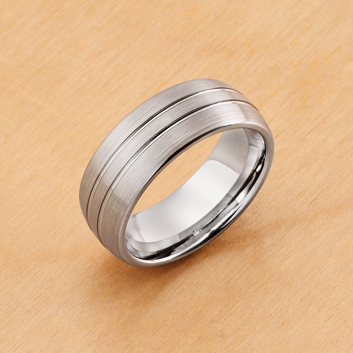 TR032 - Rhodium Plated IP Tungsten 8mm, High Polished Double Groove Design