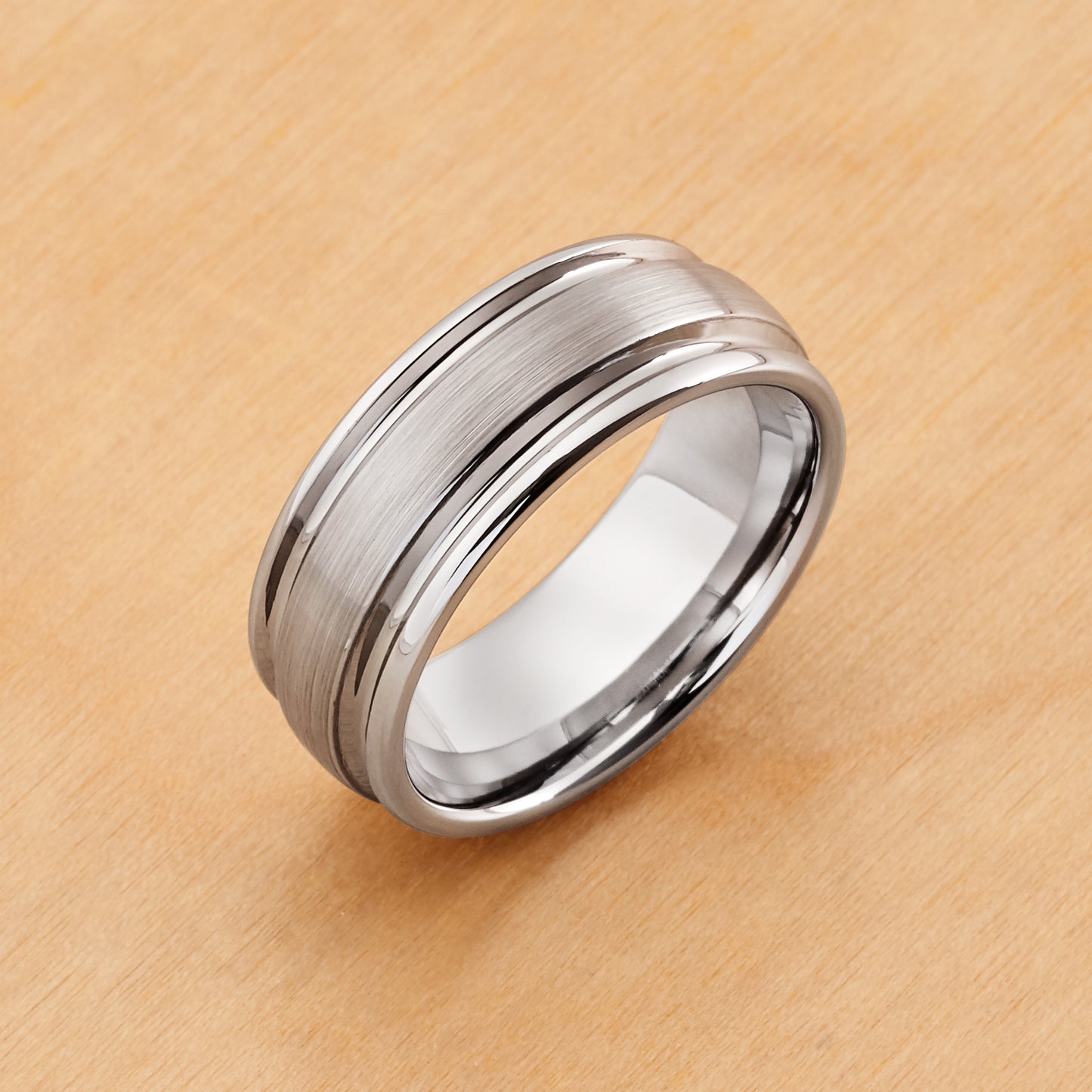 TR042 - Rhodium Plated IP Tungsten 8mm, Flat Brushed Center High Polish Ridged Edge