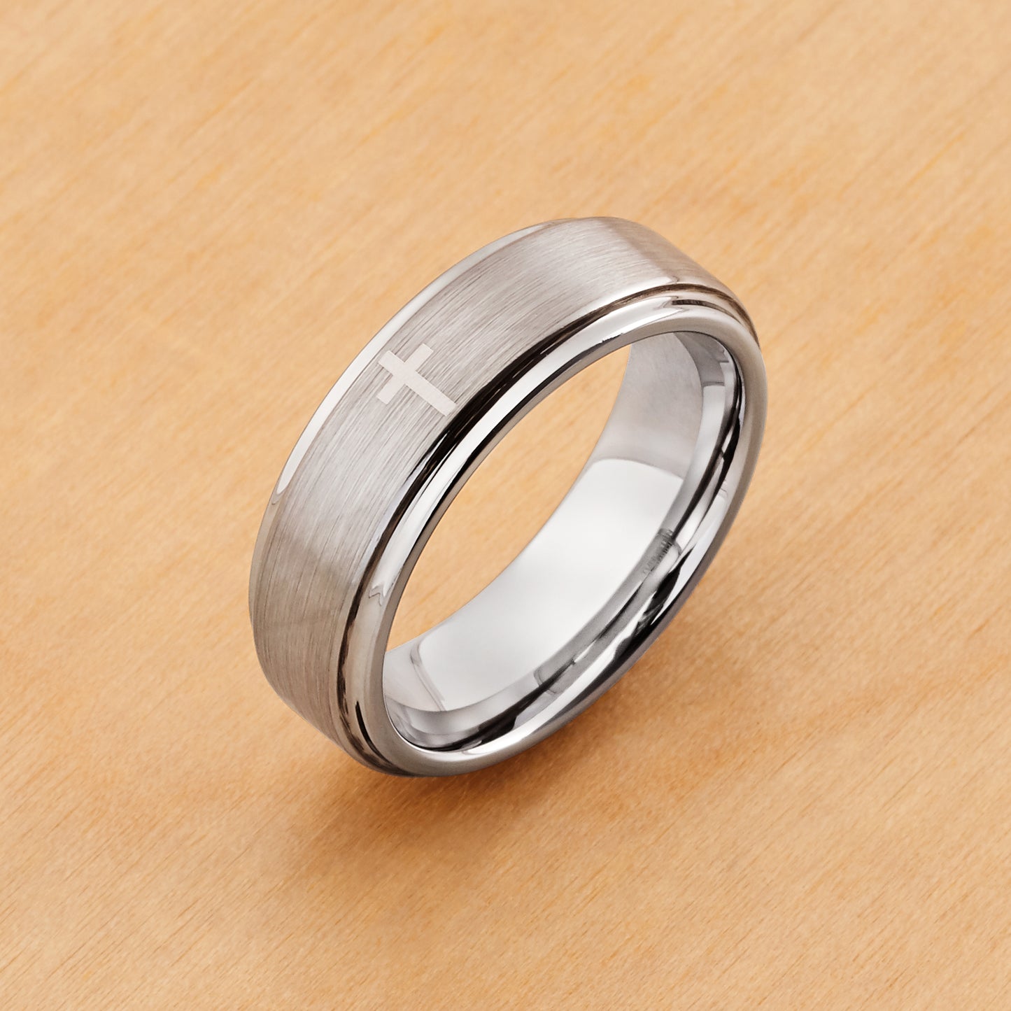 TR044 - Rhodium Plated IP Tungsten 7mm, Flat Brushed Center Laser Engraved Crosses