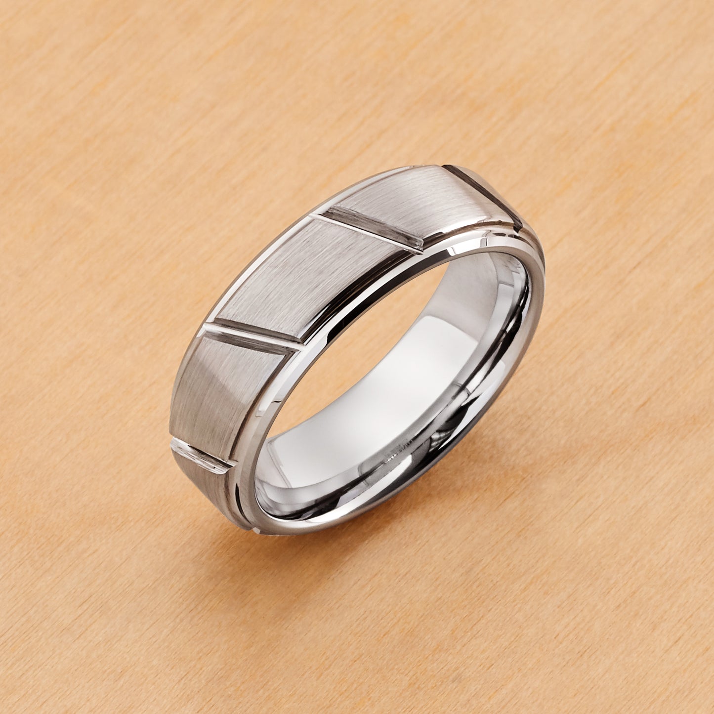 TR045 - Rhodium Plated IP Tungsten 7mm, Multiple Diagonal Grooves Brushed Center Beveled Edge