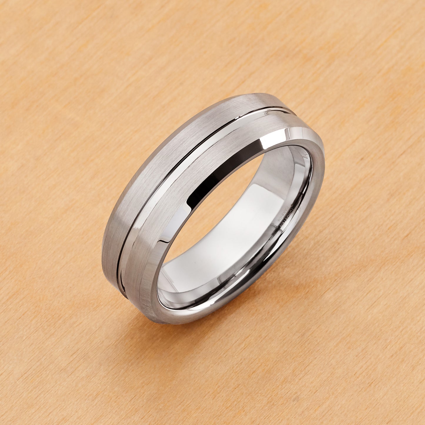 TR046 - Rhodium Plated IP Tungsten 7mm, Shiny Grooved Center Brushed Side