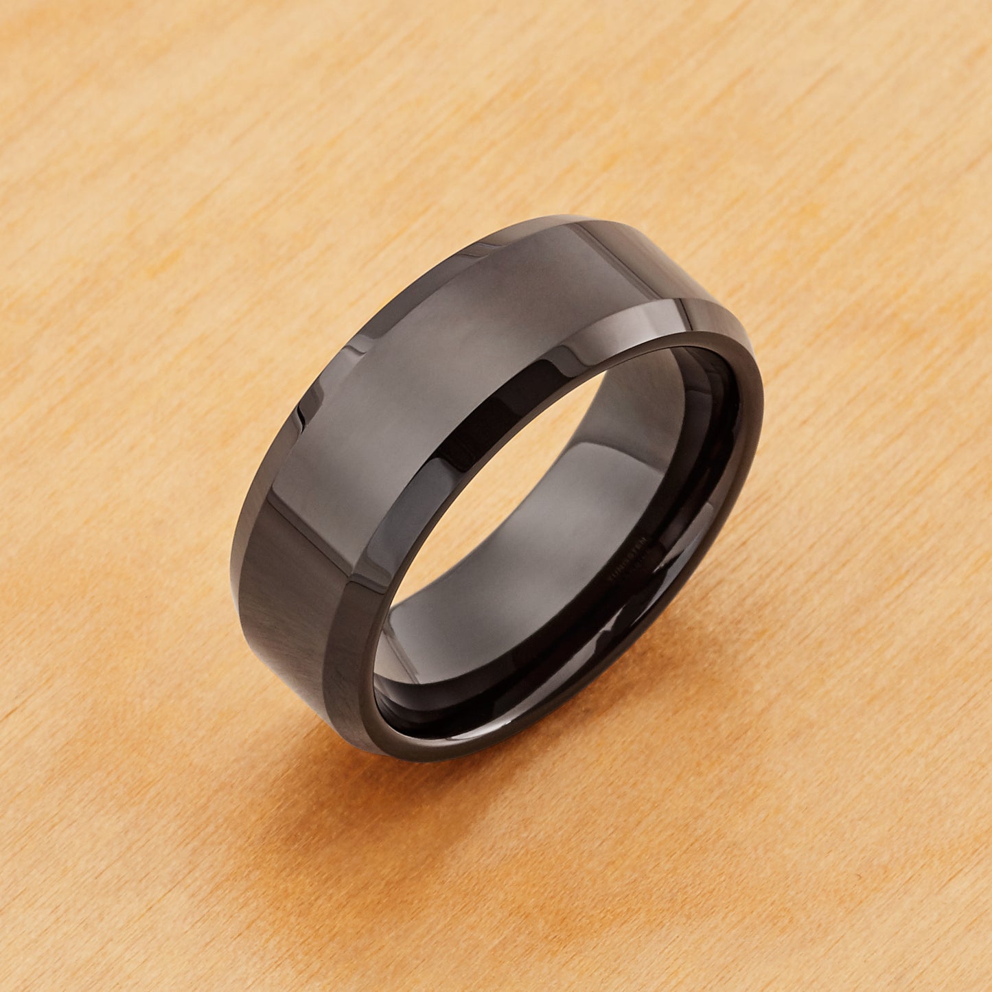 TR084 - Black Plated IP Tungsten 8mm, High Polished Beveled Edge