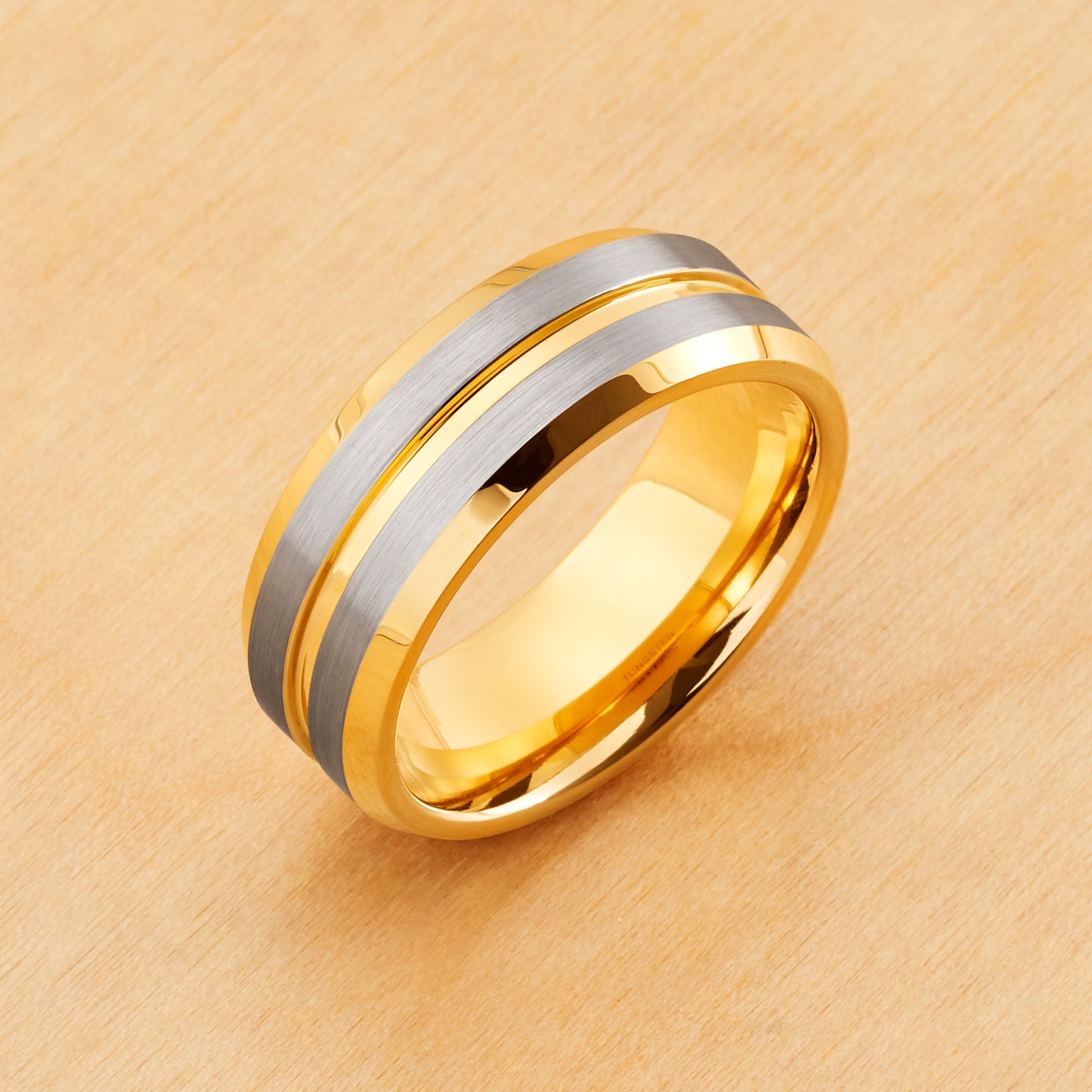 TR1000 - Yellow Plating - Tungsten Ring 8mm, Yellow Gold IP Plated Grooved Center Beveled Edge