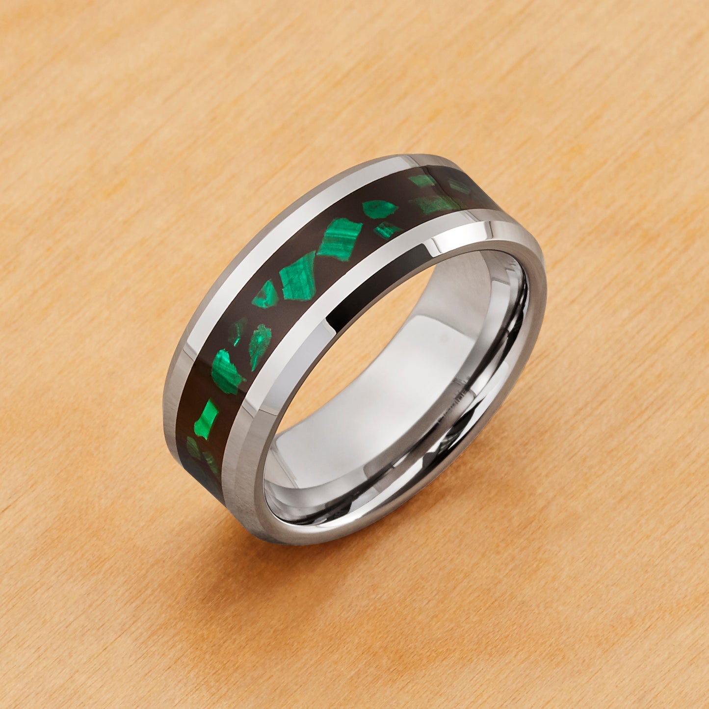 TR1001 - Tungsten Ring 8mm, Beveled Edge with Malachite Chips Inlay