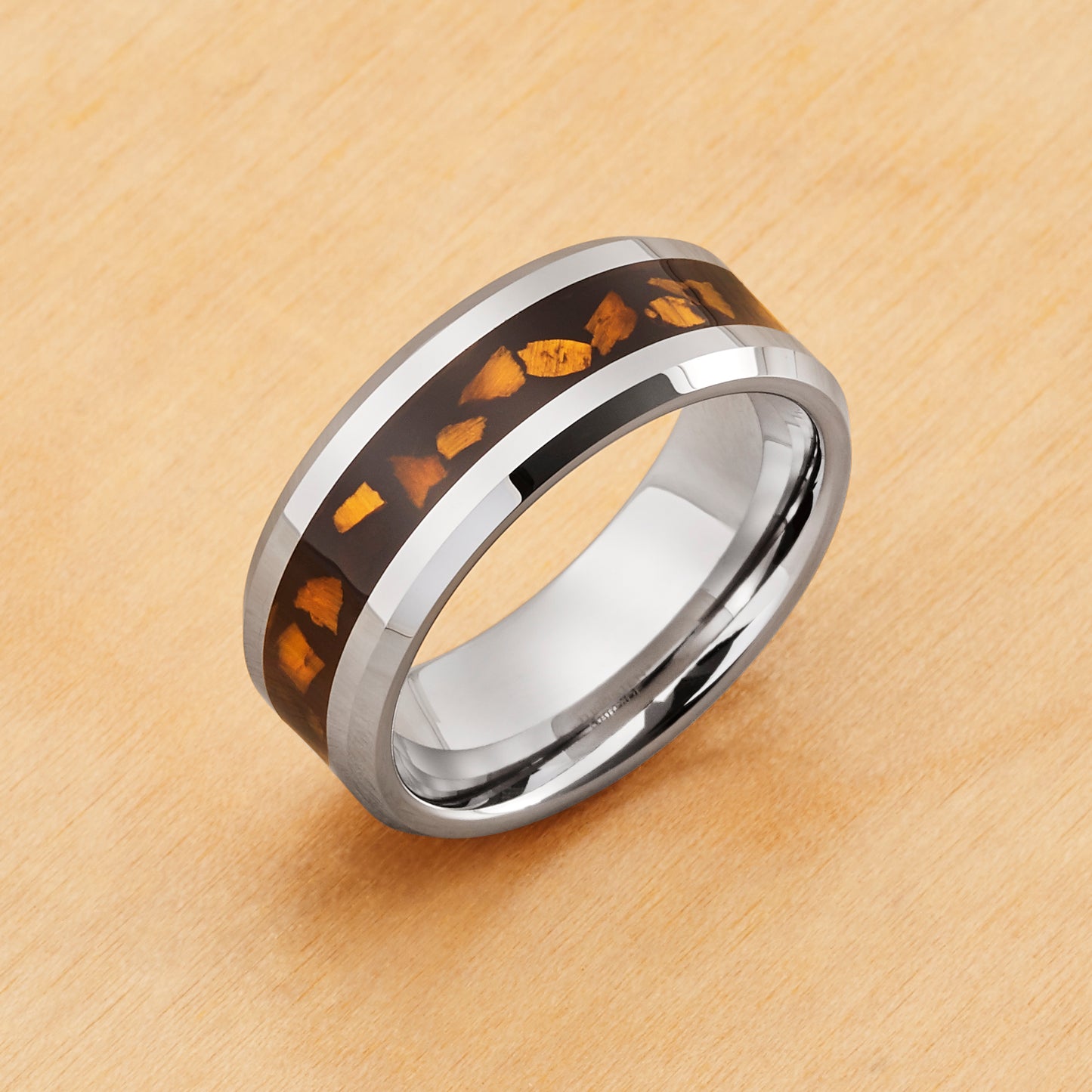 TR1002 - Tungsten Ring 8mm, Beveled Edge with Tiger Eye Chips Inlay