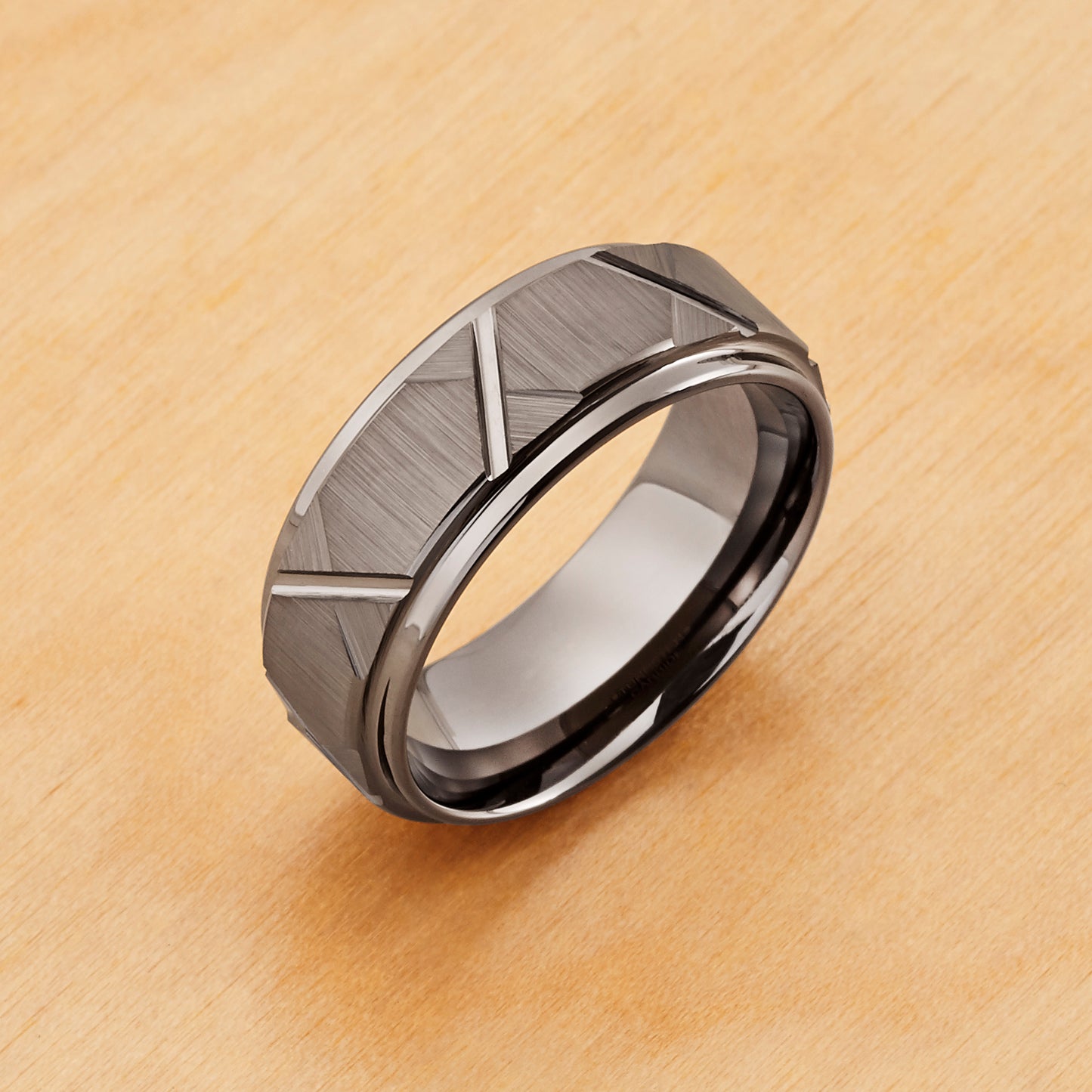 TR1022 - Tungsten Ring 8mm, Gun Metal IP Plated Trapezoids Design