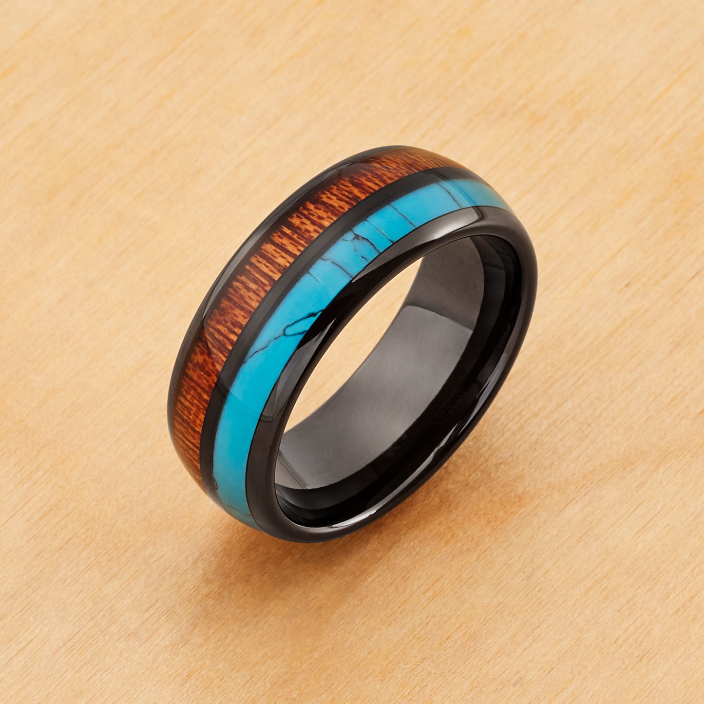 TR1049 - Black Plating - Tungsten Ring 8mm, Dome Ring Turquoise and Koa Wood Inlay