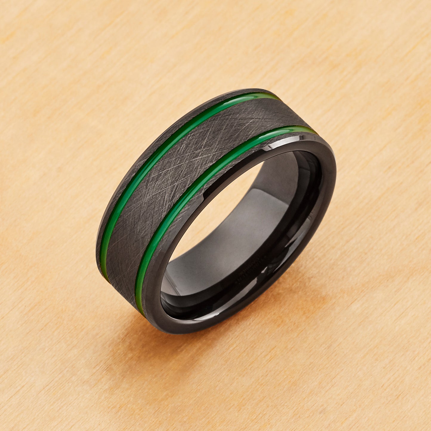 TR1050 - Black Plating - Tungsten Ring 8mm, Black IP Plated Ice Finish with Two Green Lines
