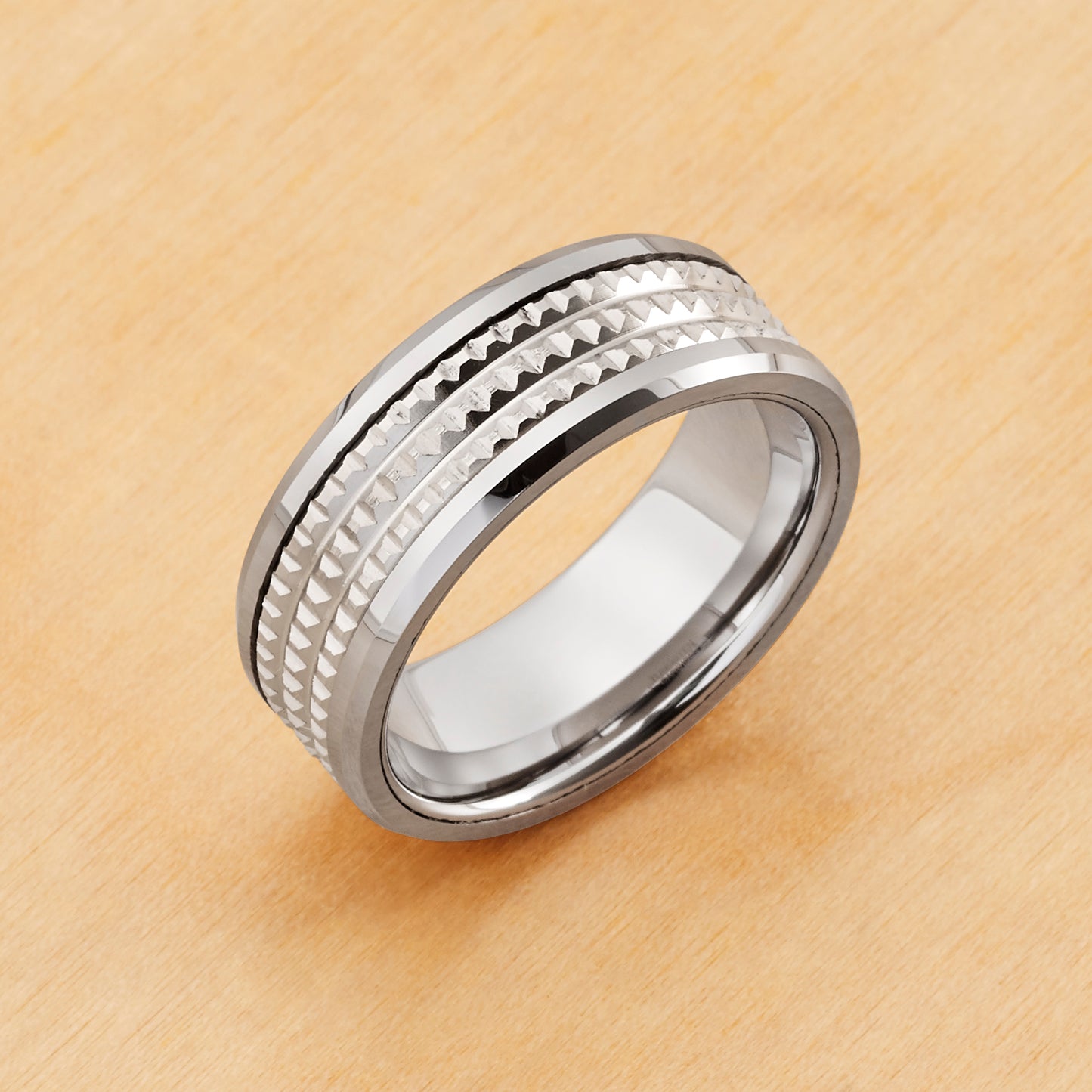 TR1053 - Rhodium Plating - Tungsten Ring 8mm, Unplated Jagged Center