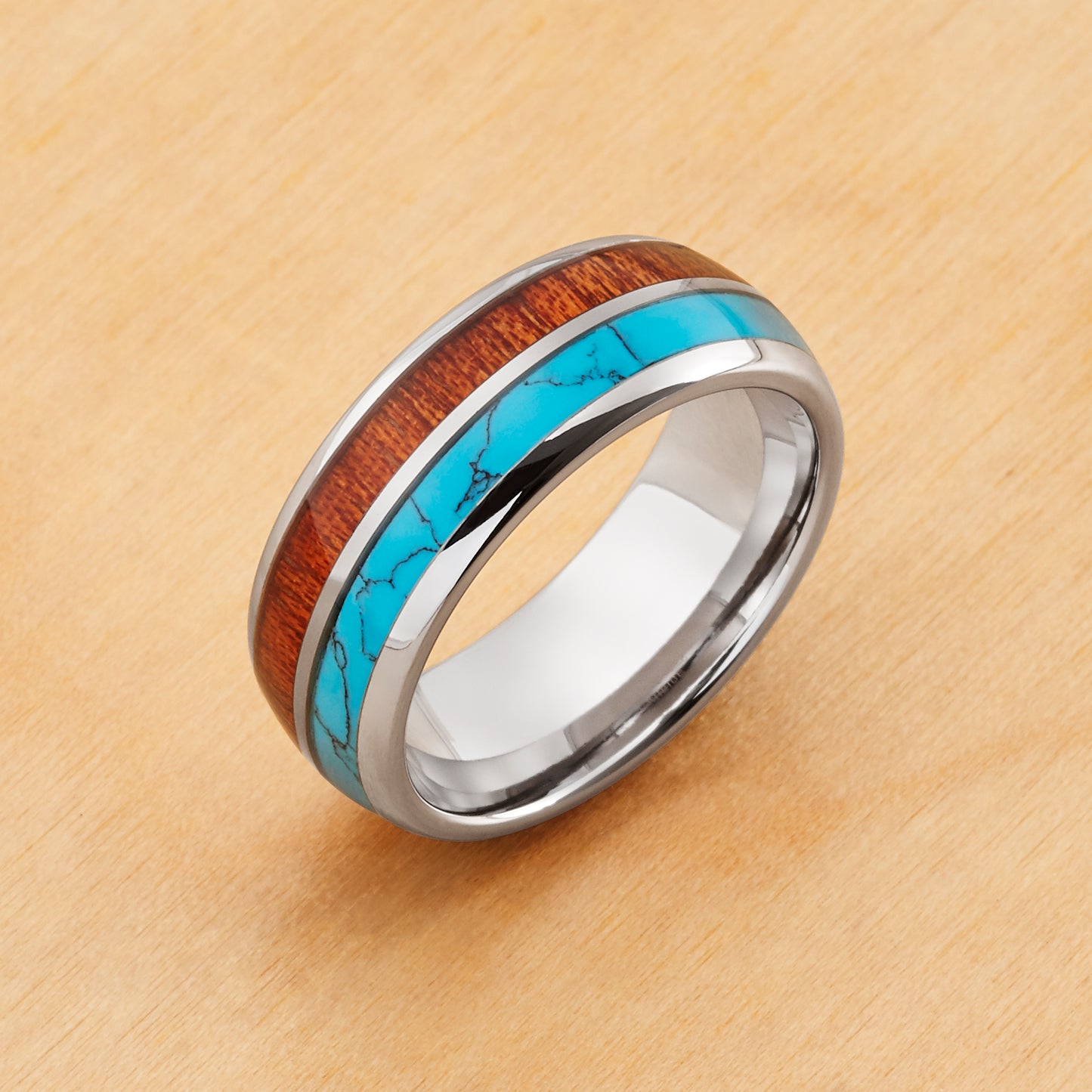 TR1060 - Tungsten Ring 8mm, Dome Ring Turquoise and Koa Wood Inlay