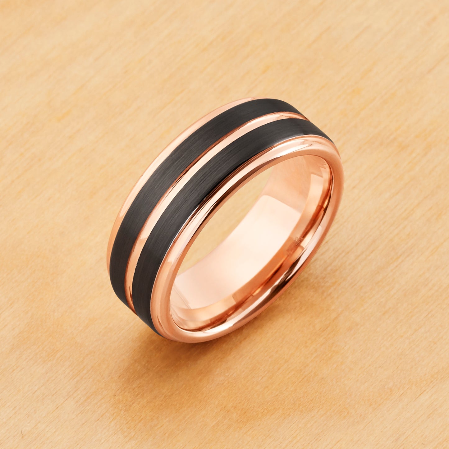 TR1069 - Rose Gold Plating - Tungsten Ring 8mm, Rose Gold and Gun Metal IP Plated Pinstripe