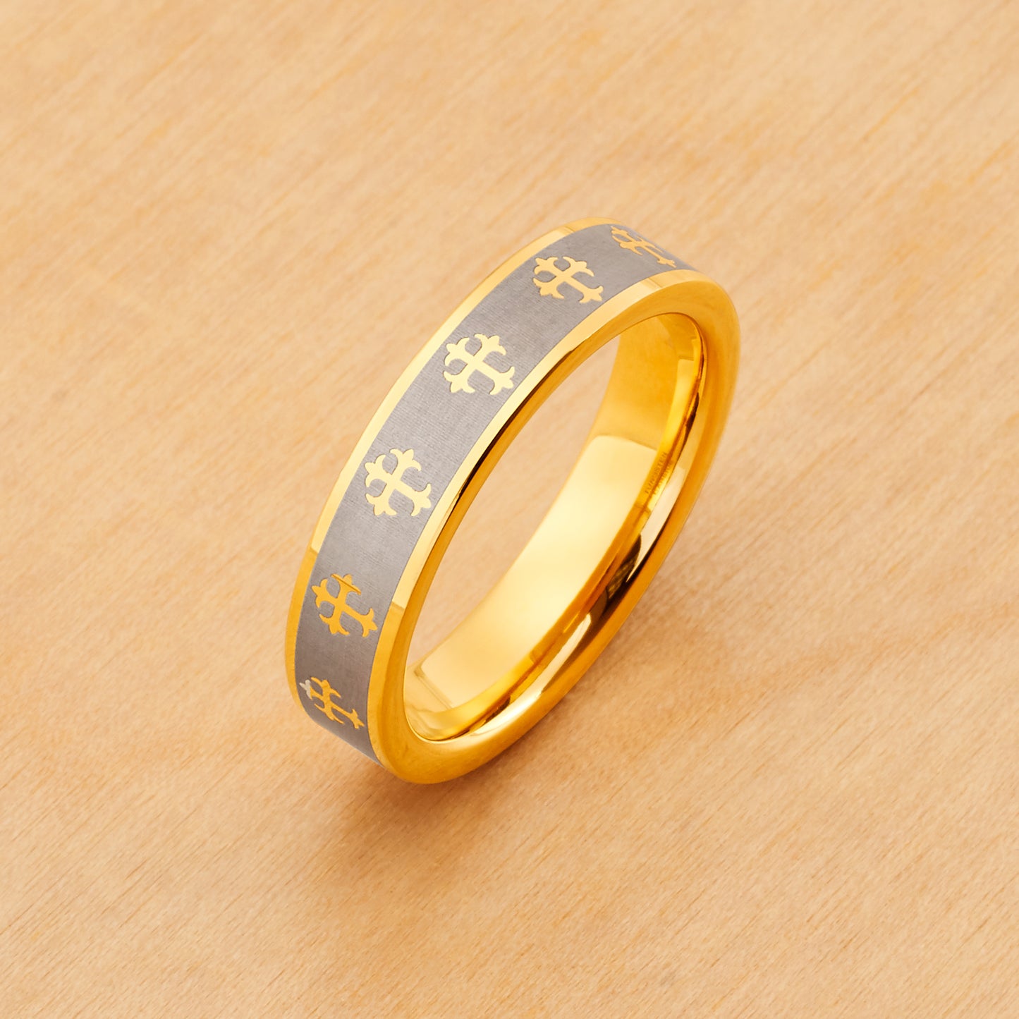TR108 - Gold Plated IP Tungsten 5mm, Laser Engraved Crosses Design