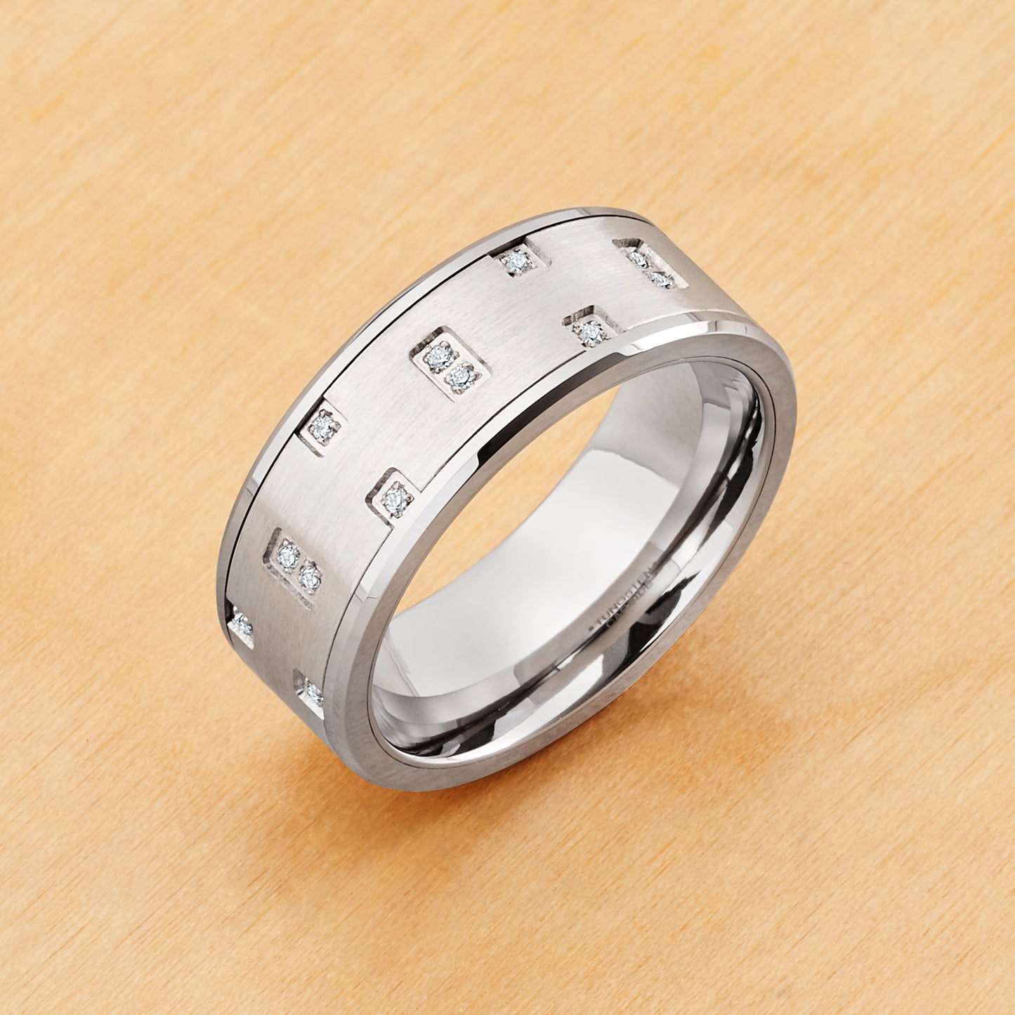 TR1082 - Tungsten Ring 8mm, Pipe Cut Alternating Prong-Set White Cubic Zirconia