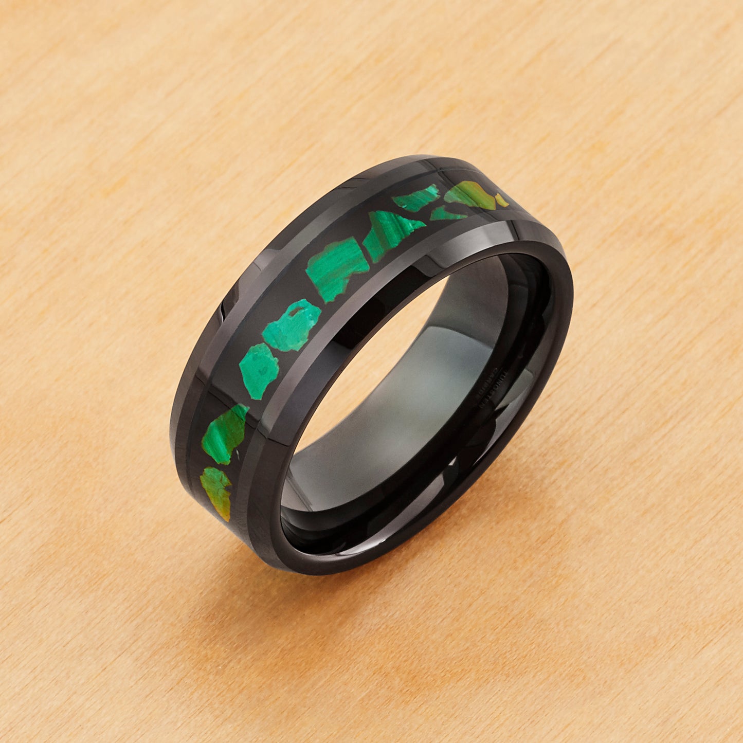 TR1094 - Black Plating - Tungsten Ring 8mm, Black IP Plated Malachite Fragments Inlay