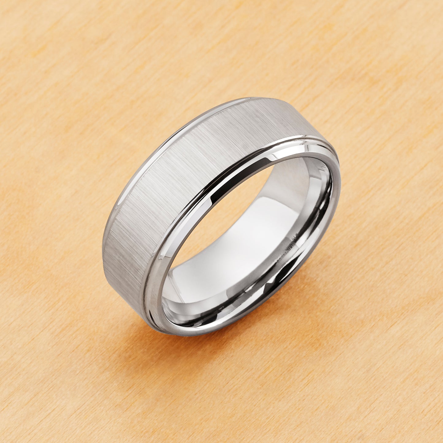 TR1098 - Tungsten Ring 8mm, Reflective Grain Finish Stepped Edge