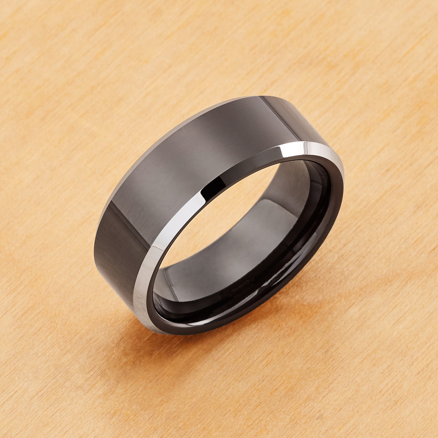 TR119 - Black Plated IP Tungsten Ring 8mm, High Polished Steel Color Beveled Edge