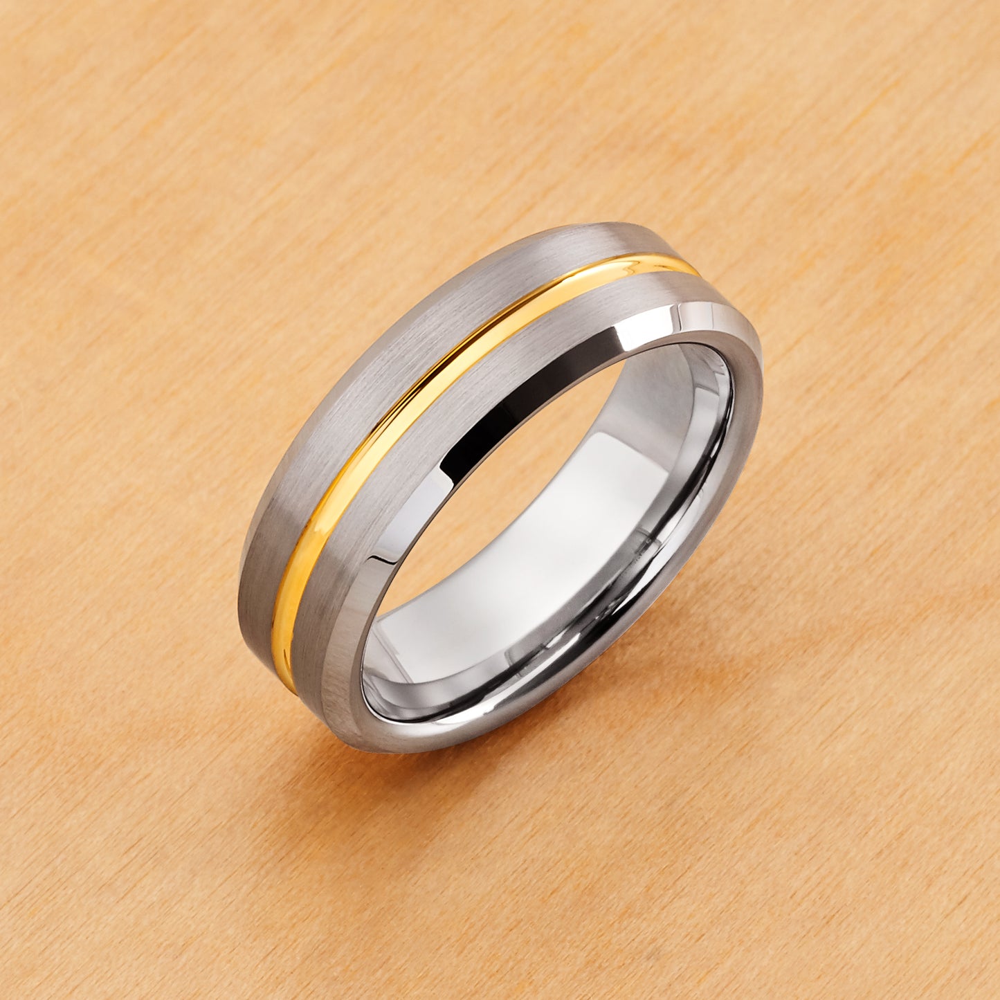 TR131 - Rhodium Plating - Tungsten Ring 7mm, Yellow Gold Tone IP Plated Center Groove