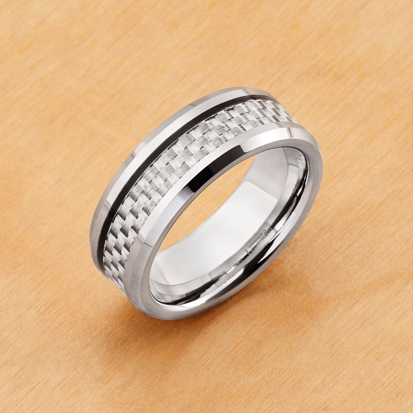 TR164 - Rhodium Plating - Tungsten Ring 8mm, Grey Carbon Fiber Inlay Low Beveled Edge