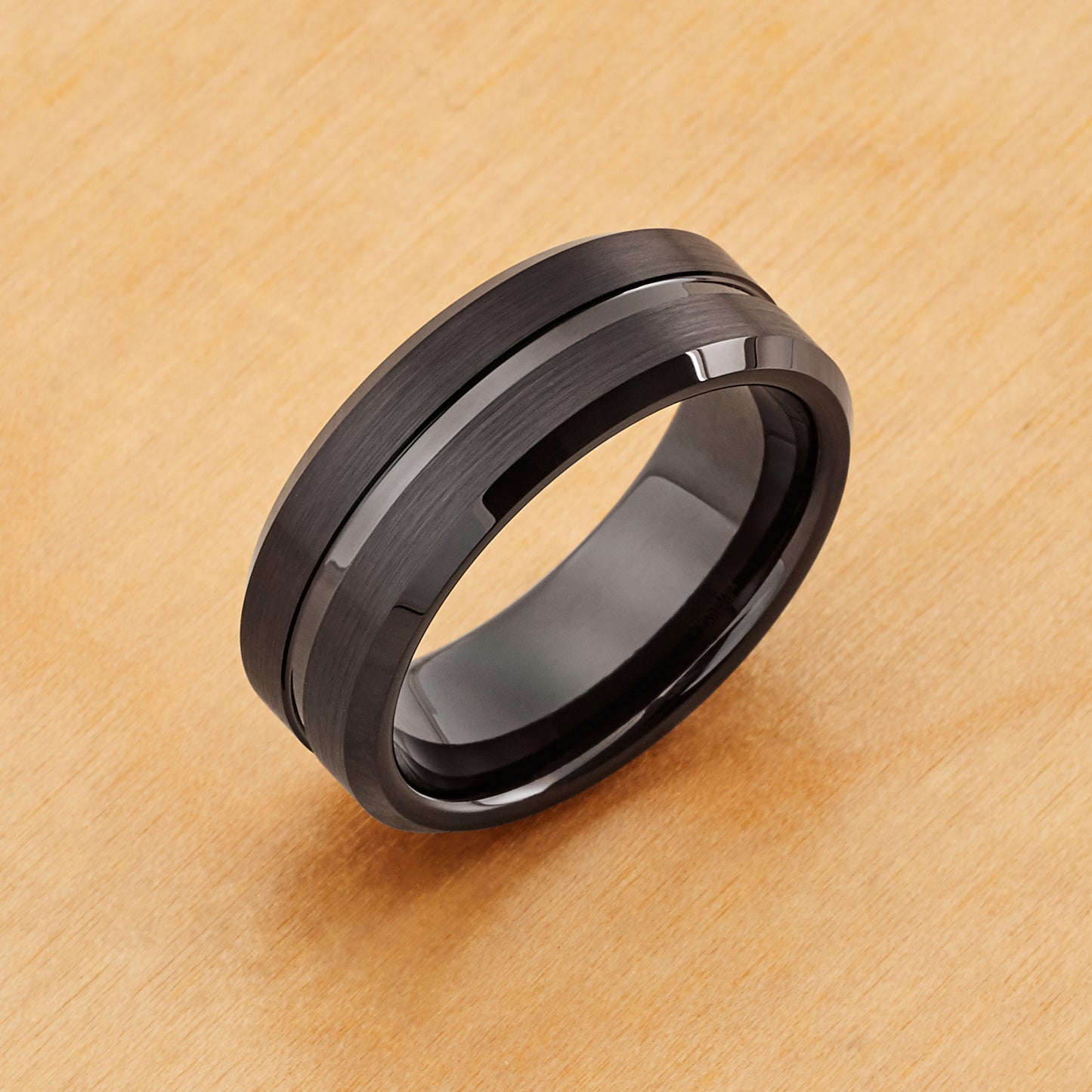 TR211 - Black Plating - Tungsten Ring 8mm, Black IP Plated Shiny Grooved Center Brushed Beveled Edge