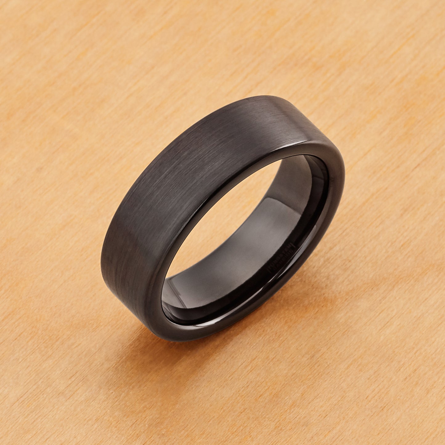 TR232 - Black Plating - Tungsten Ring 7mm, Black IP Plated Brushed Pipe Cut Band