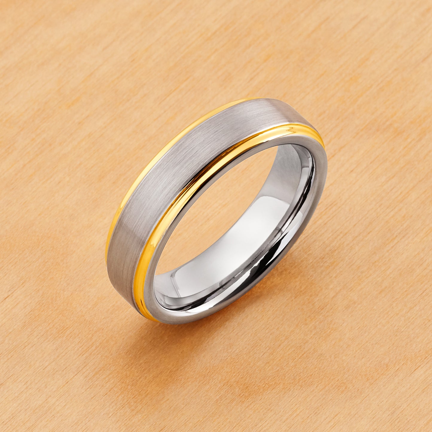TR330 - Rhodium Plating - Tungsten Ring 6mm, Brushed Center Yellow Gold Plated High Polish Stepped Edge
