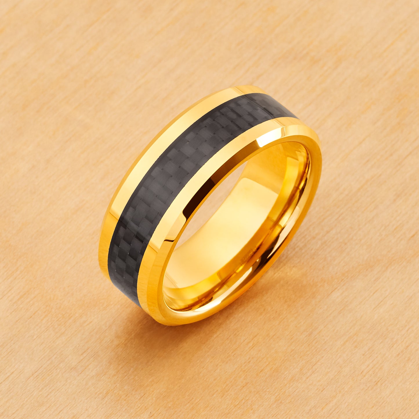 TR331 - Yellow Plating - Tungsten Ring 8mm, Yellow Gold Plated High Polish with Black Carbon Fiber Inlay Beveled Edge