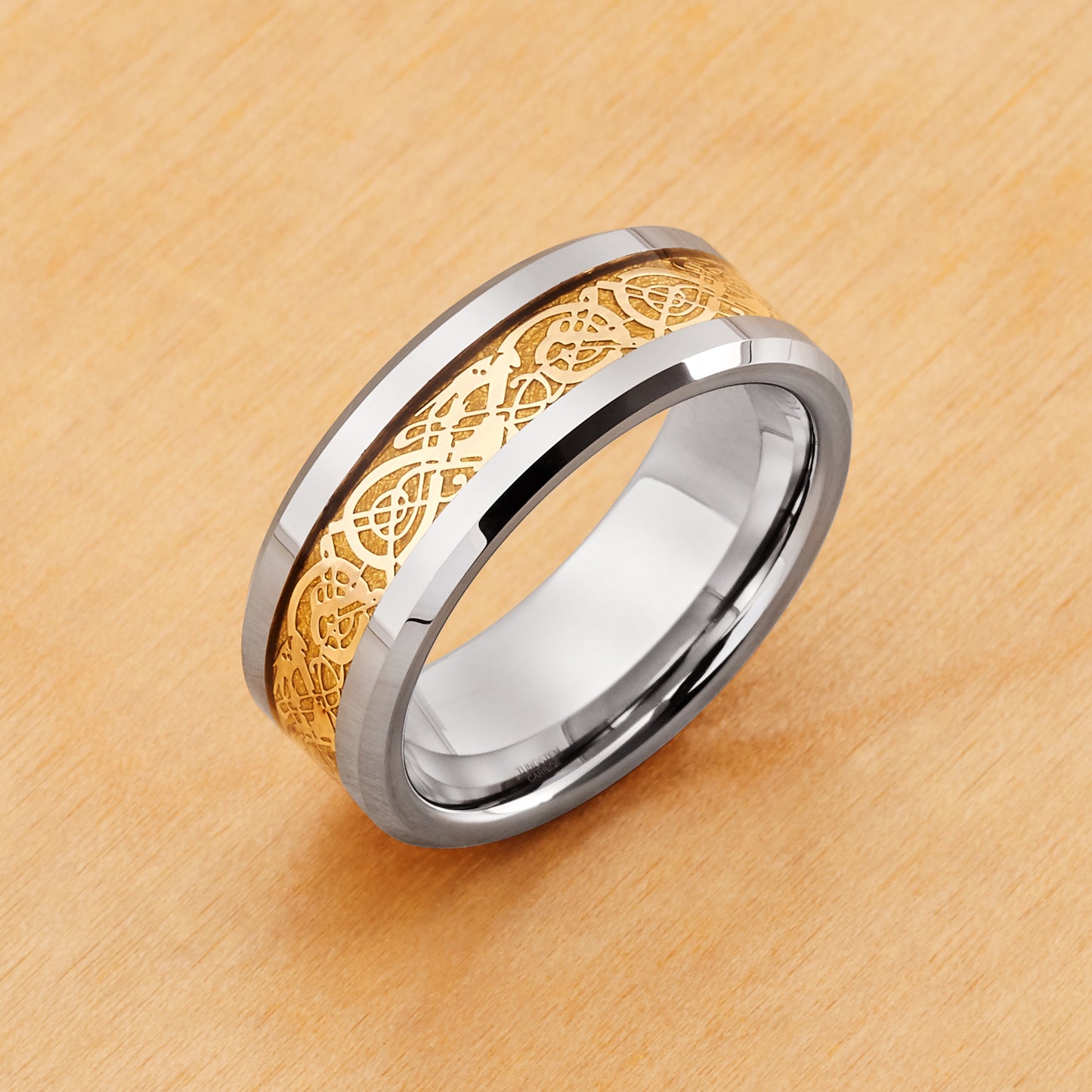 TR366 - Rhodium Plating - Tungsten Ring 8mm, Shiny Beveled Edge with Golden Celtic Dragon Cut-out Inlay