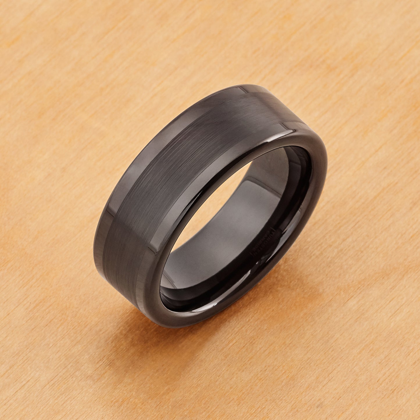 TR374 - Black Plating - Tungsten Ring 8mm, Pipe Cut Brushed Center High Polished Flat Edge
