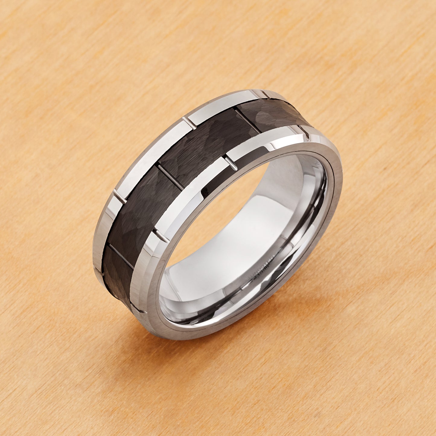 TR594 - Rhodium Plating - Tungsten Ring 8mm, High Polished Beveled Edge with Notches and Black IP Plated Hammered Finish Center