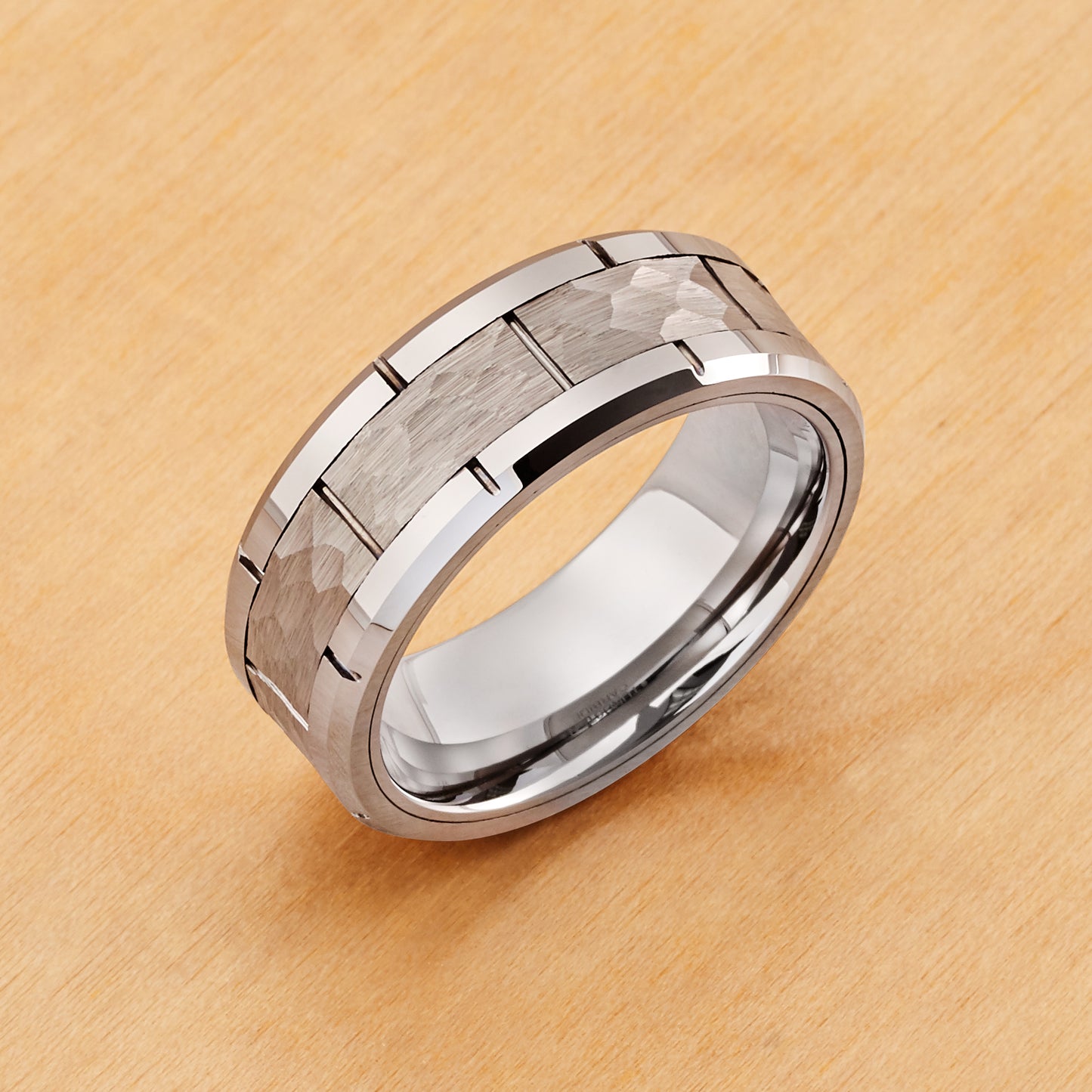 TR595 - Rhodium Plating - Tungsten Ring 8mm, High Polished Beveled Edge with Notches and Notched Hammered Finish