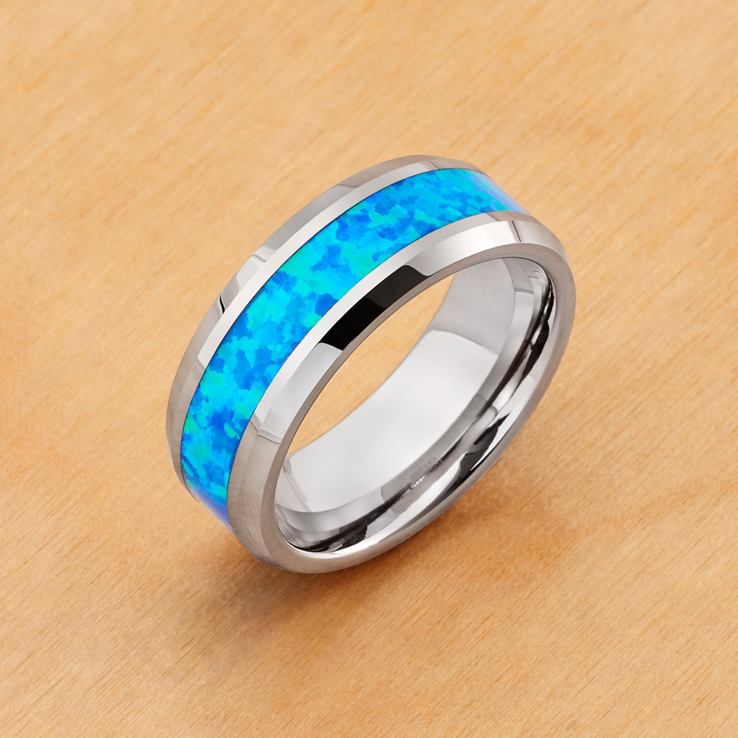 TR596 - Rhodium Plating - Tungsten Ring 8mm, Synthetic Opal Inlay Beveled Edge