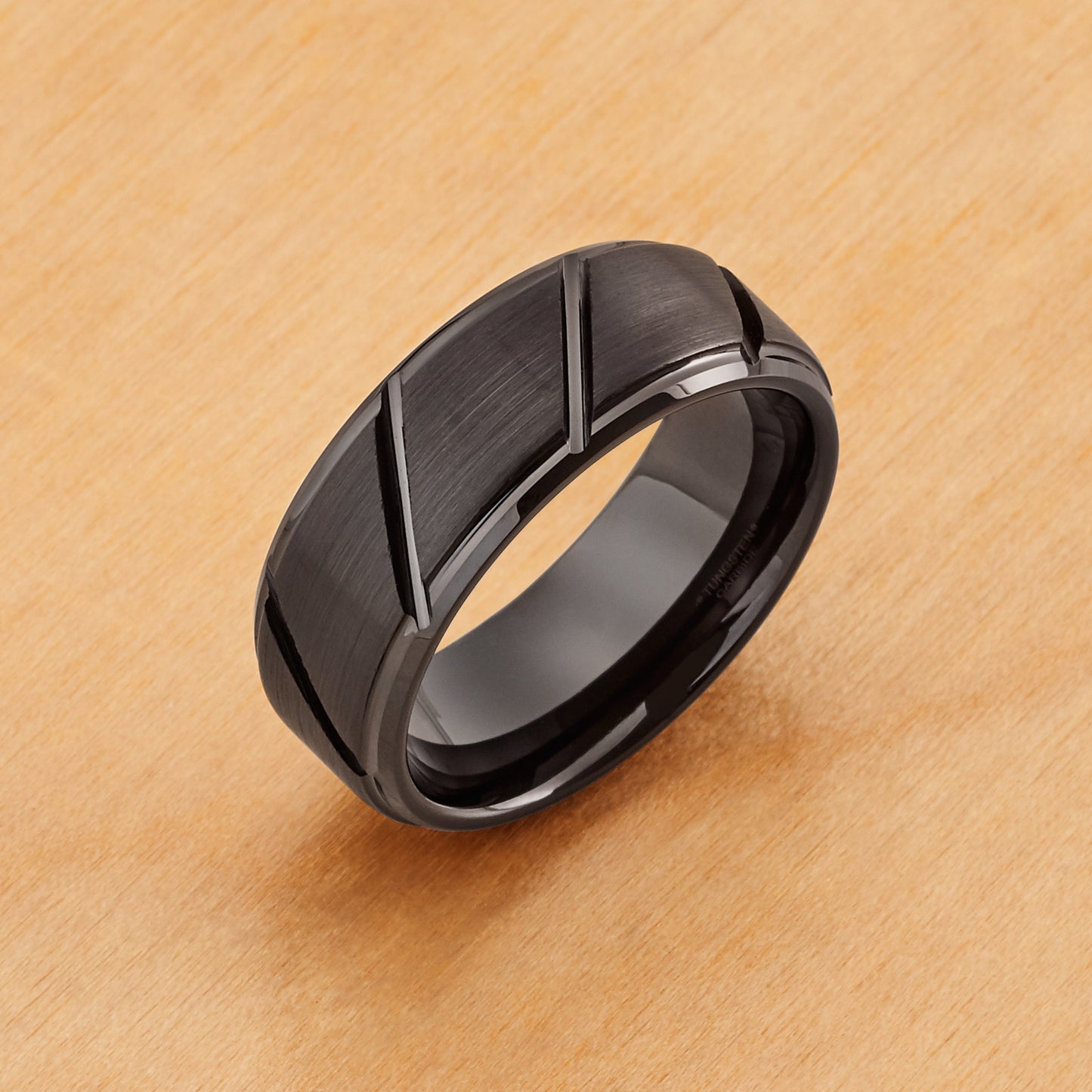 TR602 - Black Plating - Tungsten Ring 8mm, Black IP Plated Multiple Diagonal Grooves Brushed Center