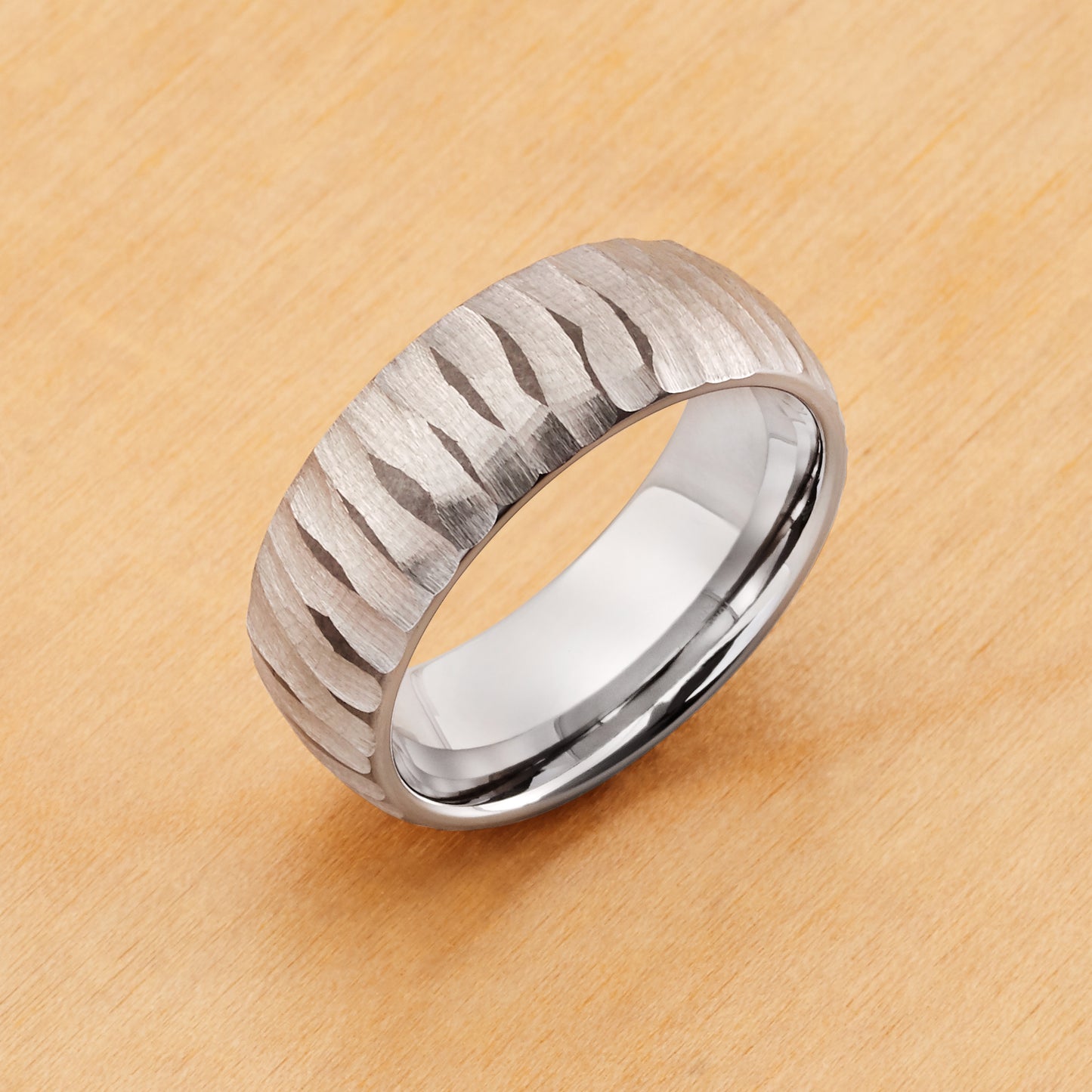 TR605 - Rhodium Plating - Tungsten Ring 8mm, Semi Domed Ring with Tree Bark Carved Textured Finish