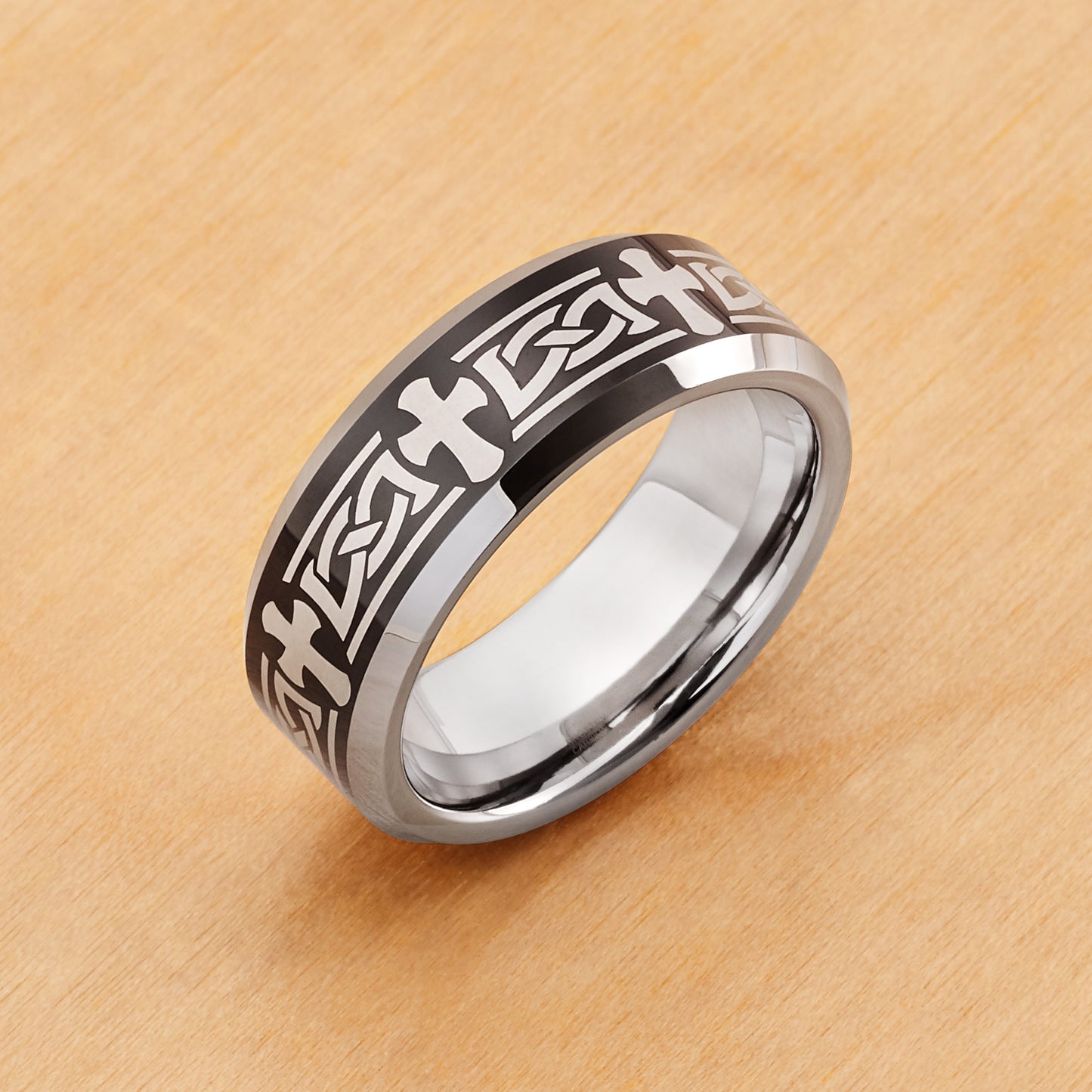 TR607 - Rhodium Plating - Tungsten Ring 8mm, Beveled Edge Ring with Celtic Cross Engraved on High Polished/Shiny Black IP Plated Center