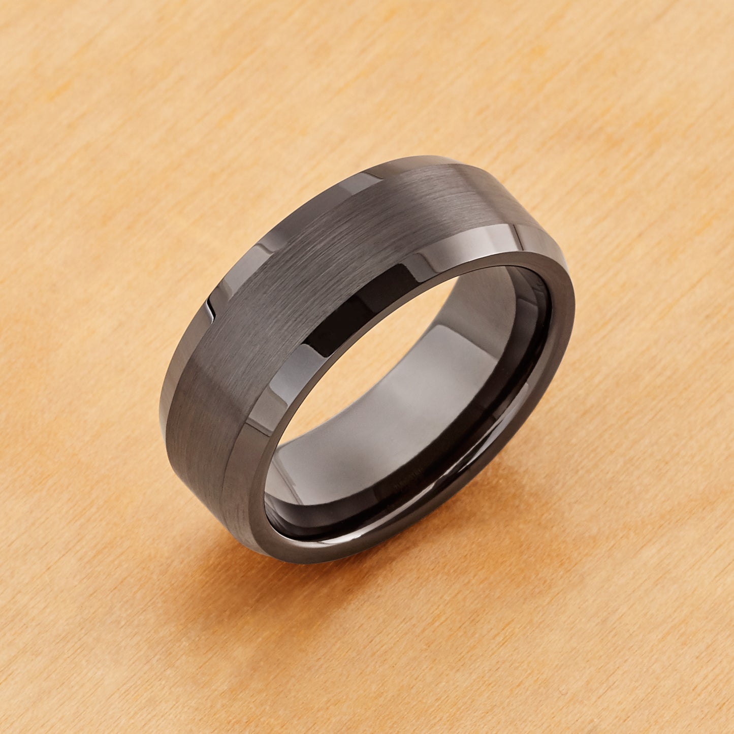 TR617 - Tungsten Ring 8mm, Gun Metal IP Plated Brushed Center High Polish Beveled Edge