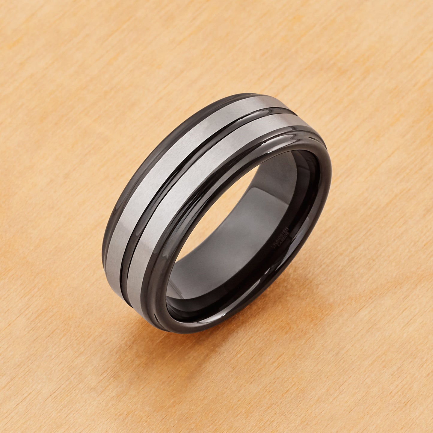 TR618 - Tungsten Ring 8mm, Two-tone Black IP Plated Center Grooved Brushed Finish Stepped Edge