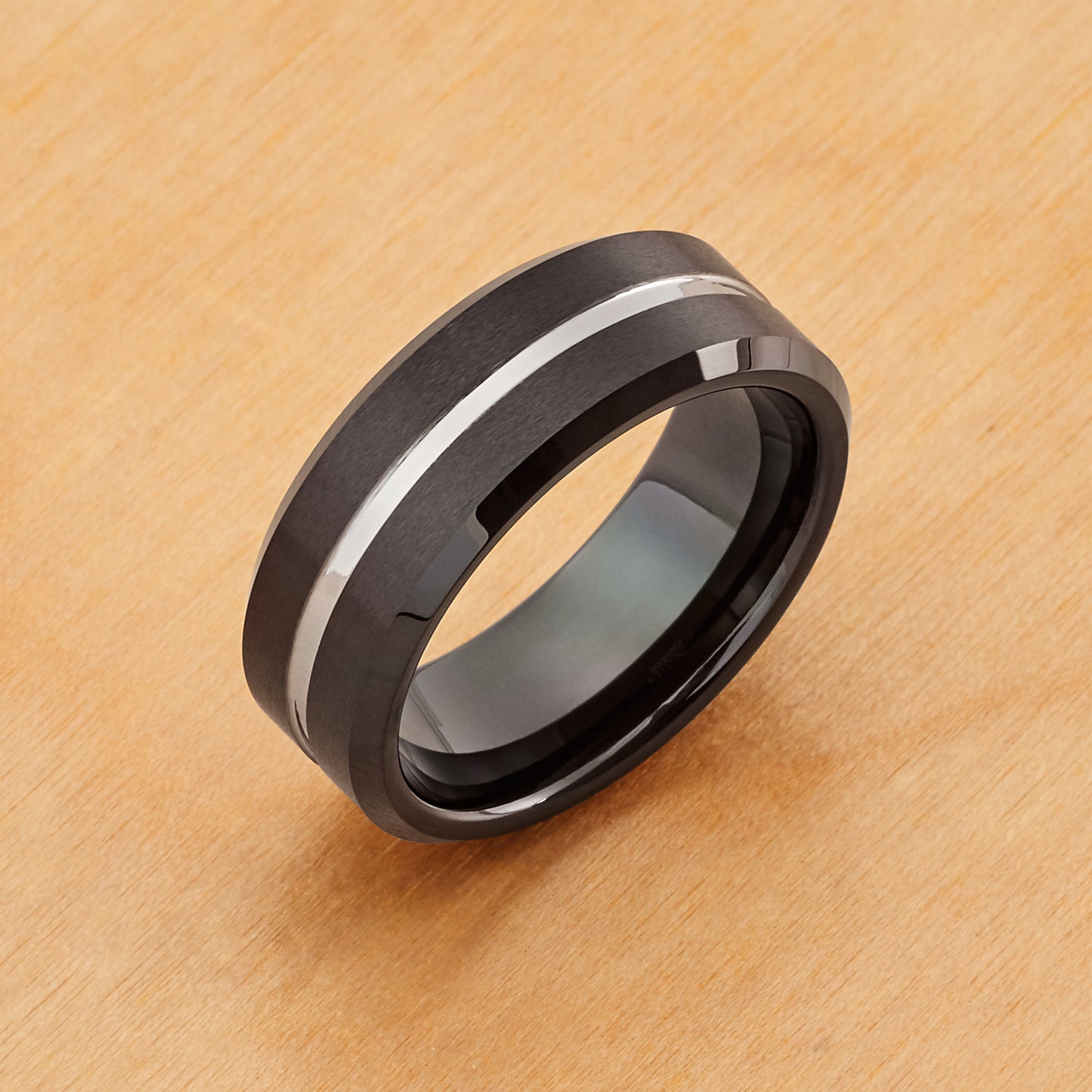 TR661 - Tungsten Ring 8mm, Two-tone Black IP Brushed with Steel Color Grooved Center Beveled Edge