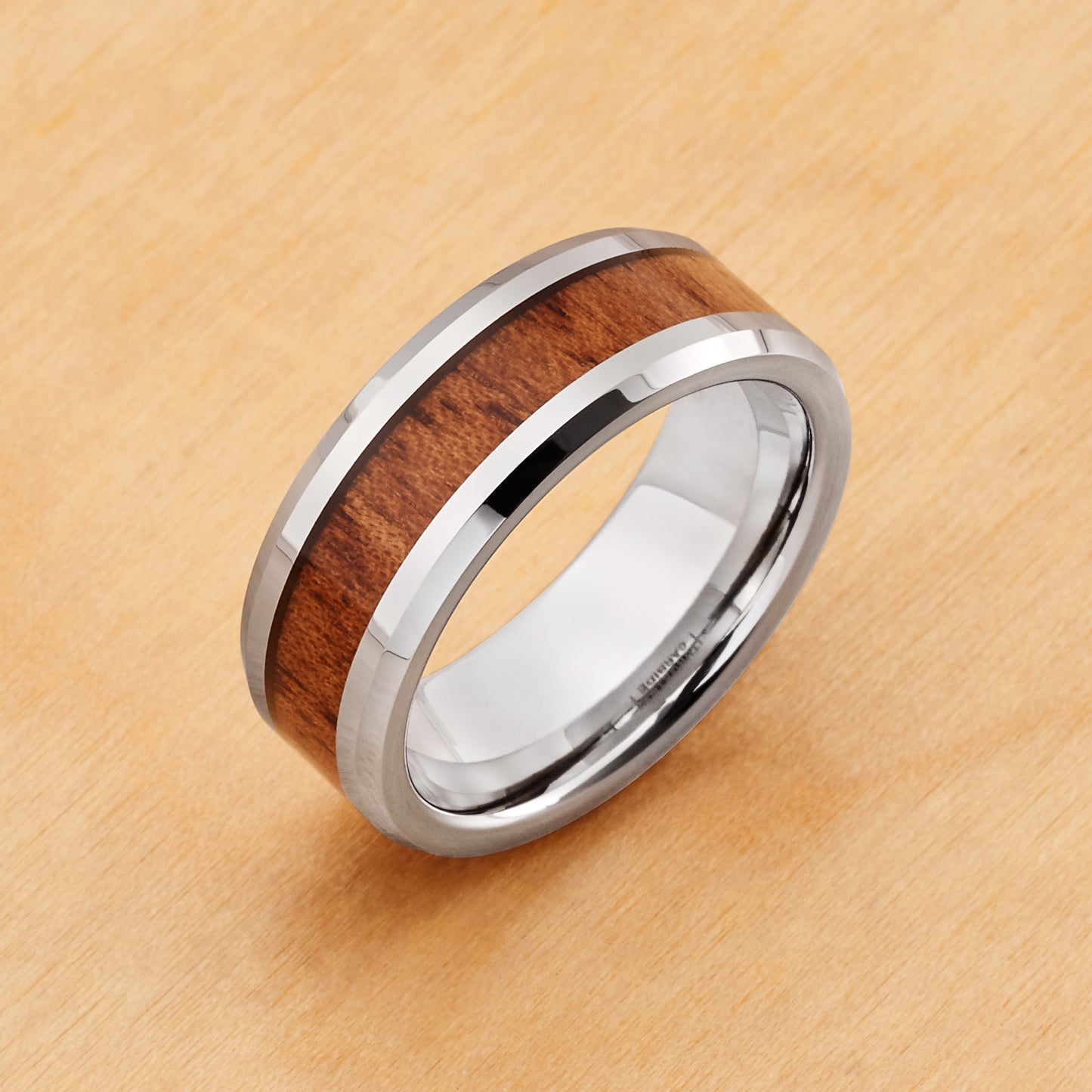 TR662 - Rhodium Plating - Tungsten Ring 8mm, High Polished with Mahogany Wood Inlay Beveled Edge