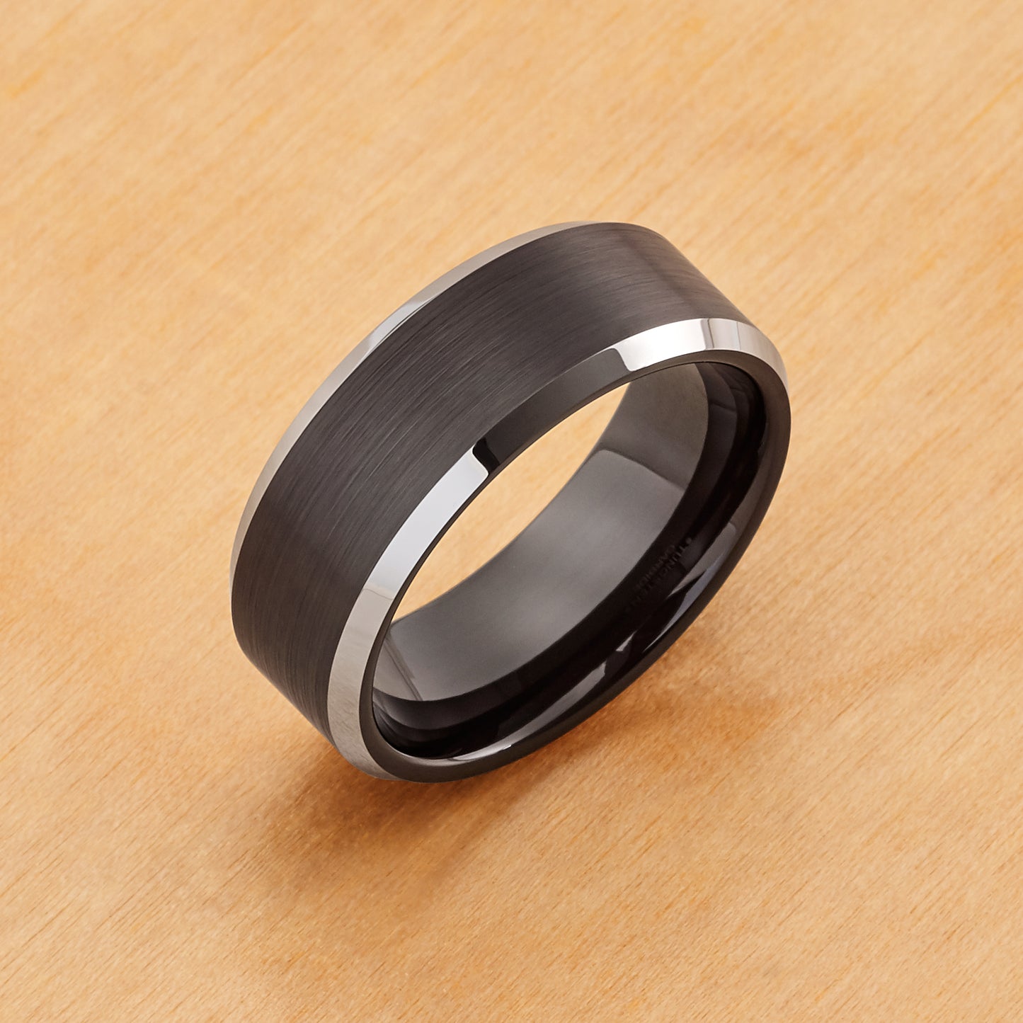 TR667 - Tungsten Ring 8mm, Black IP Brushed Center High Polished Steel Color Beveled Edge
