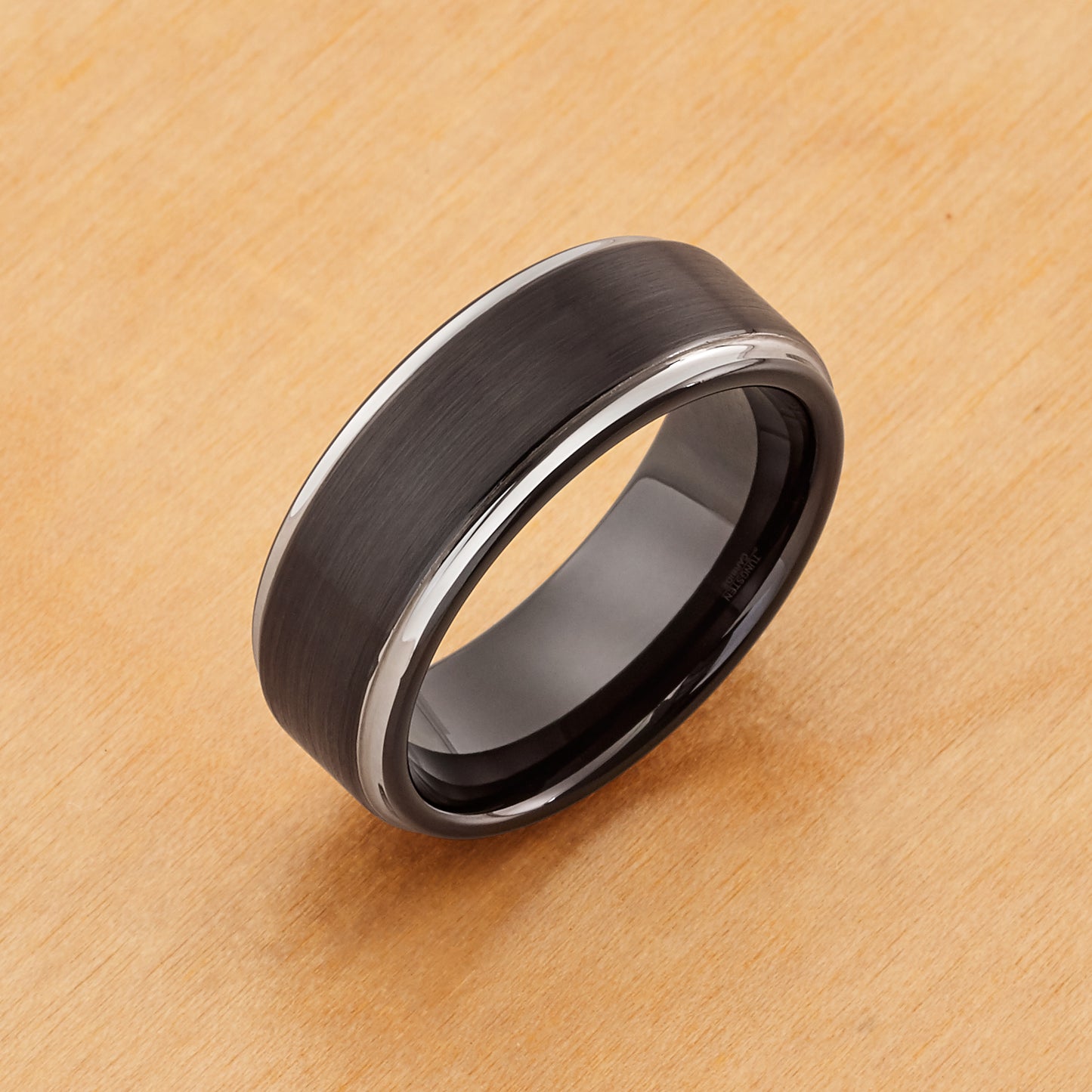 TR670 - Tungsten Ring 8mm, Two-tone Black IP Brushed Center Steel Color Stepped Edge