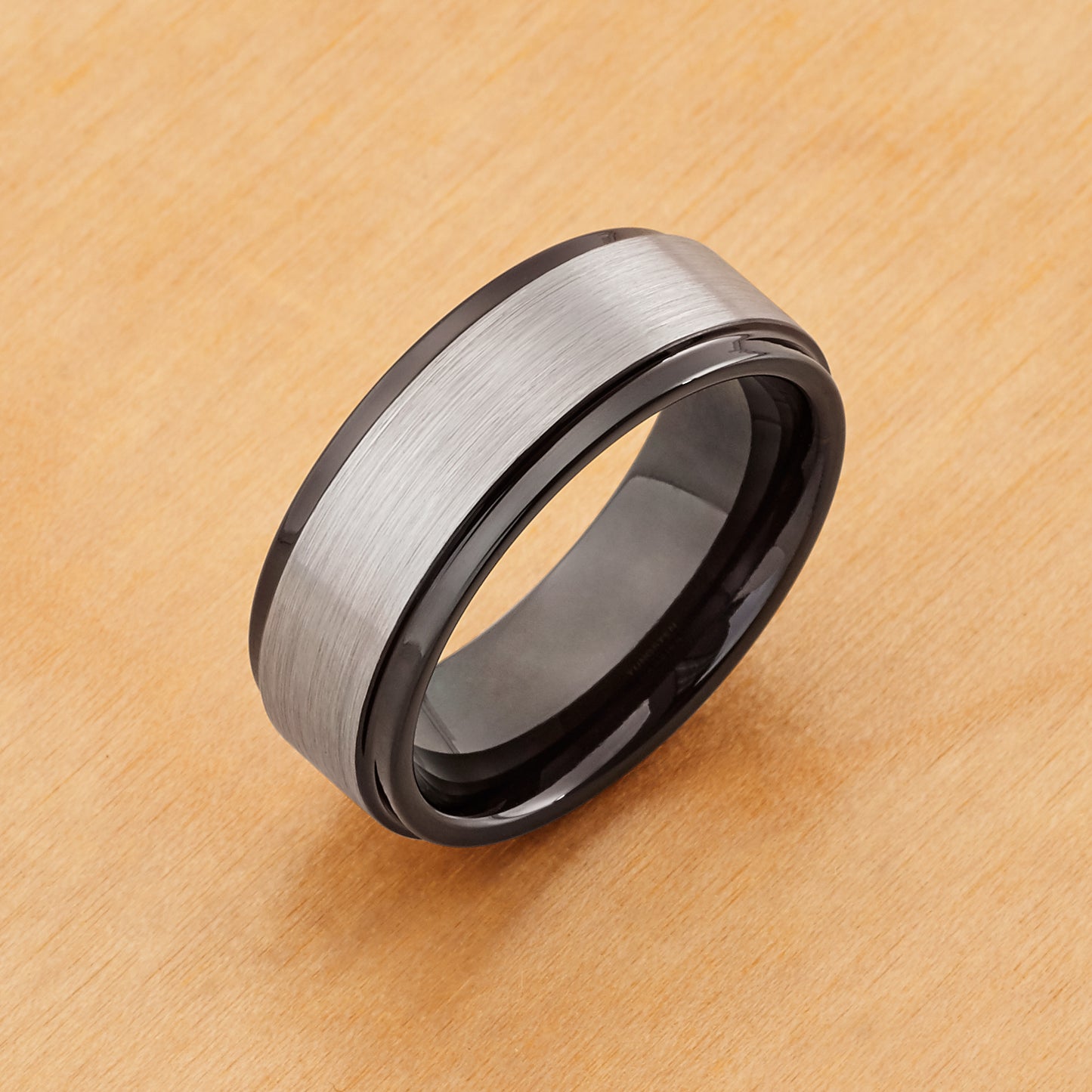 TR678 - Tungsten Ring 8mm, Two-tone Black IP Gun Metal Brushed Center Stepped Edge