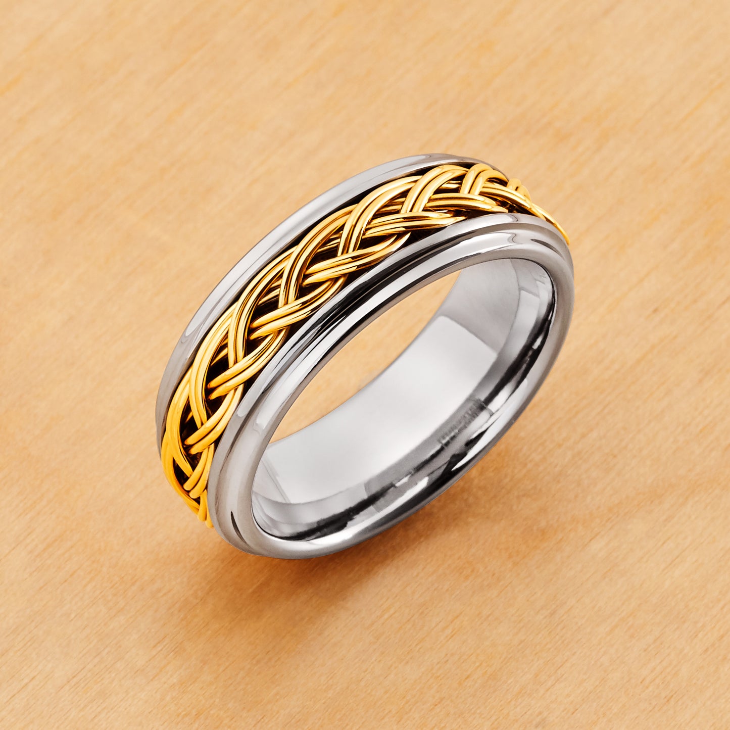 TR683 - Rhodium Plating - Tungsten Ring 8mm, Step Edge High Polished with Yellow Gold IP Plated Double Braid Inlay