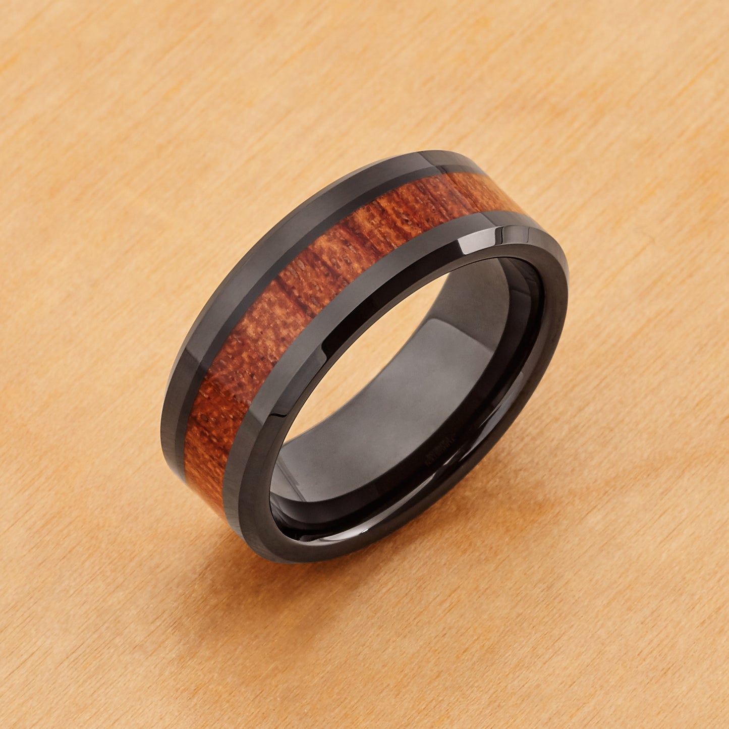 TR698 - Tungsten Ring 8mm, Black IP Plated with Hawaiin Koa Wood Inlay, Beveled Edge