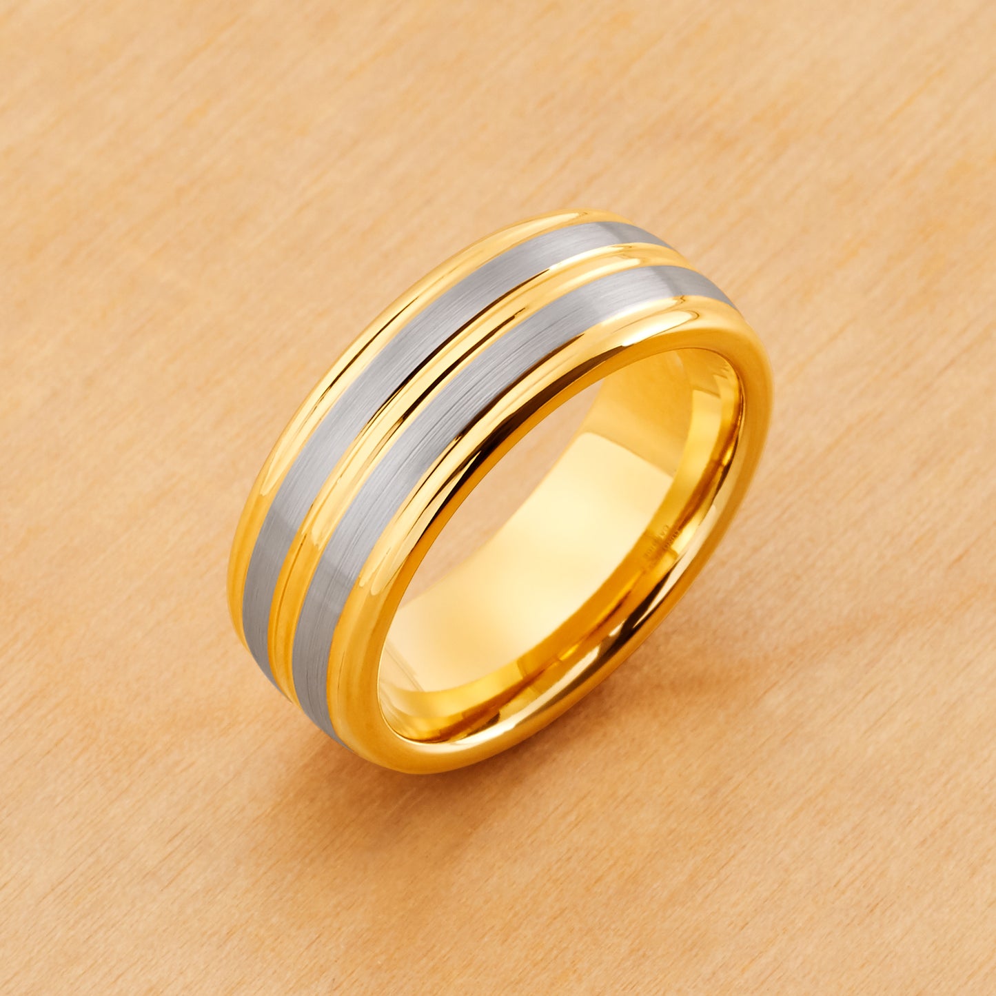 TR703 - Yellow Plating - Tungsten Ring 8mm, Pinstripe Gun Metal Finish Low Beveled Edge