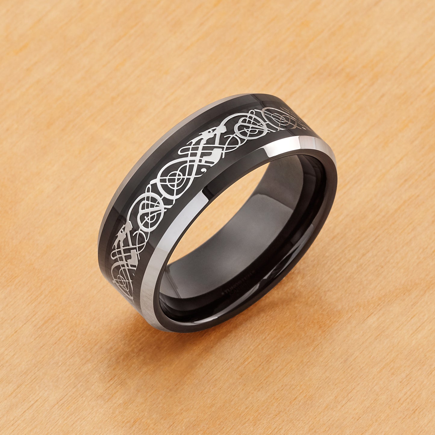 TR721 - Black Plating - Tungsten Ring 8mm, Black IP Stainless Steel Celtic Cut-Out Design Inlay and Beveled Edge